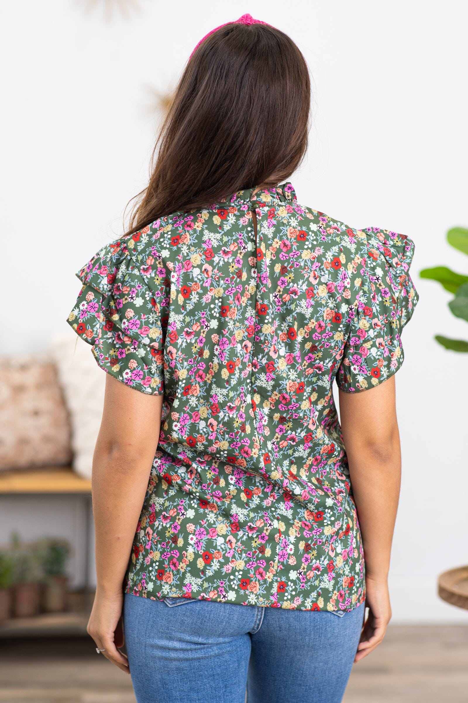 Olive Multicolor Ditsy Floral Print Top - Filly Flair