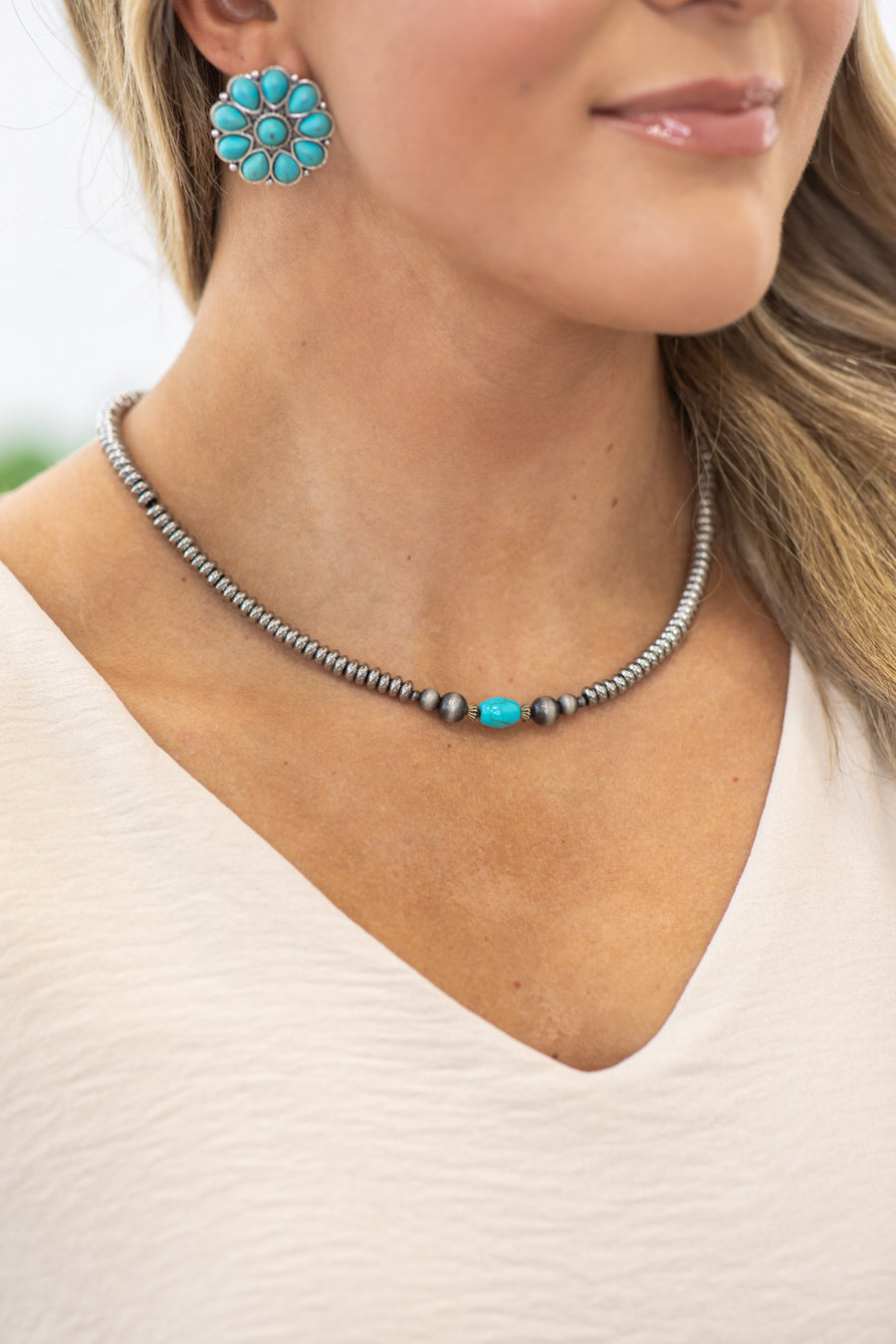 Silver Beaded Necklace With Turquoise Detail