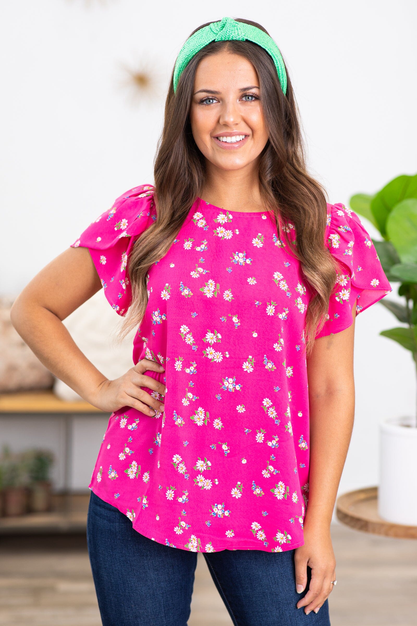 Hot Pink Flutter Sleeve Floral Print Top - Filly Flair