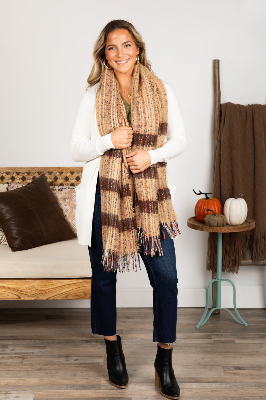 Multicolor Knit Soft Boucle Scarf With Fringe