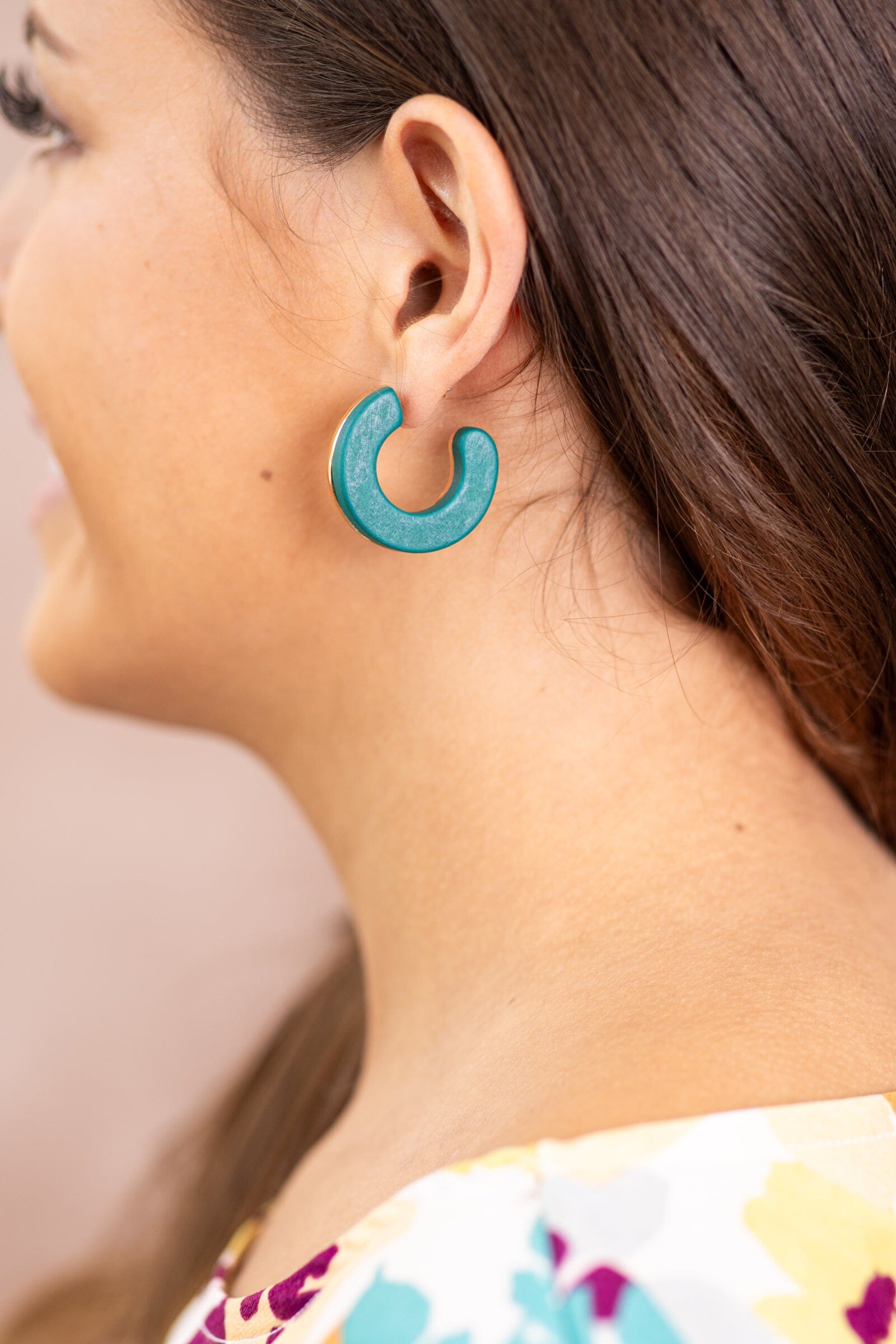 Teal and Gold Wood Small Hoop Earrings - Filly Flair