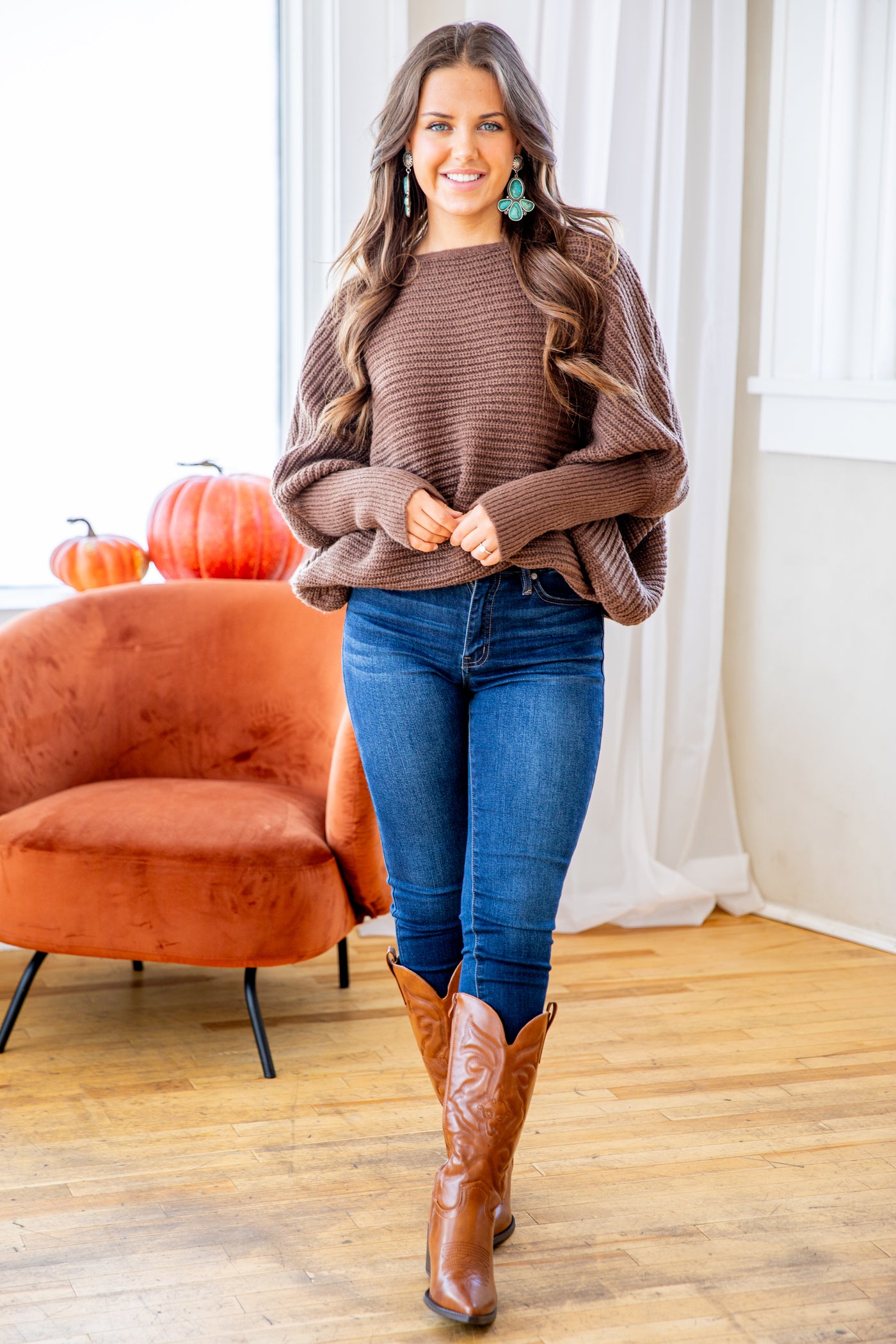 Brown Ribbed Slouchy Dolman Sleeve Sweater