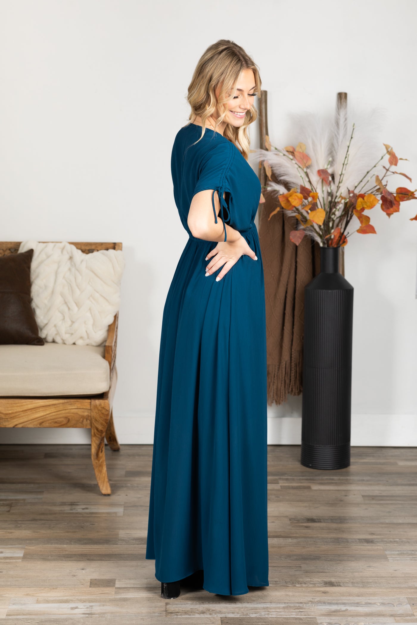 Dark Teal V-Neck Maxi Dress With Pockets - S Dark Teal V-Neck Maxi Dress With Pockets - S