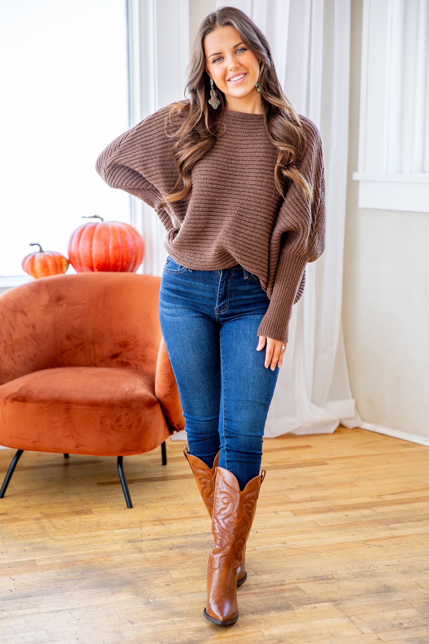 Brown Ribbed Slouchy Dolman Sleeve Sweater