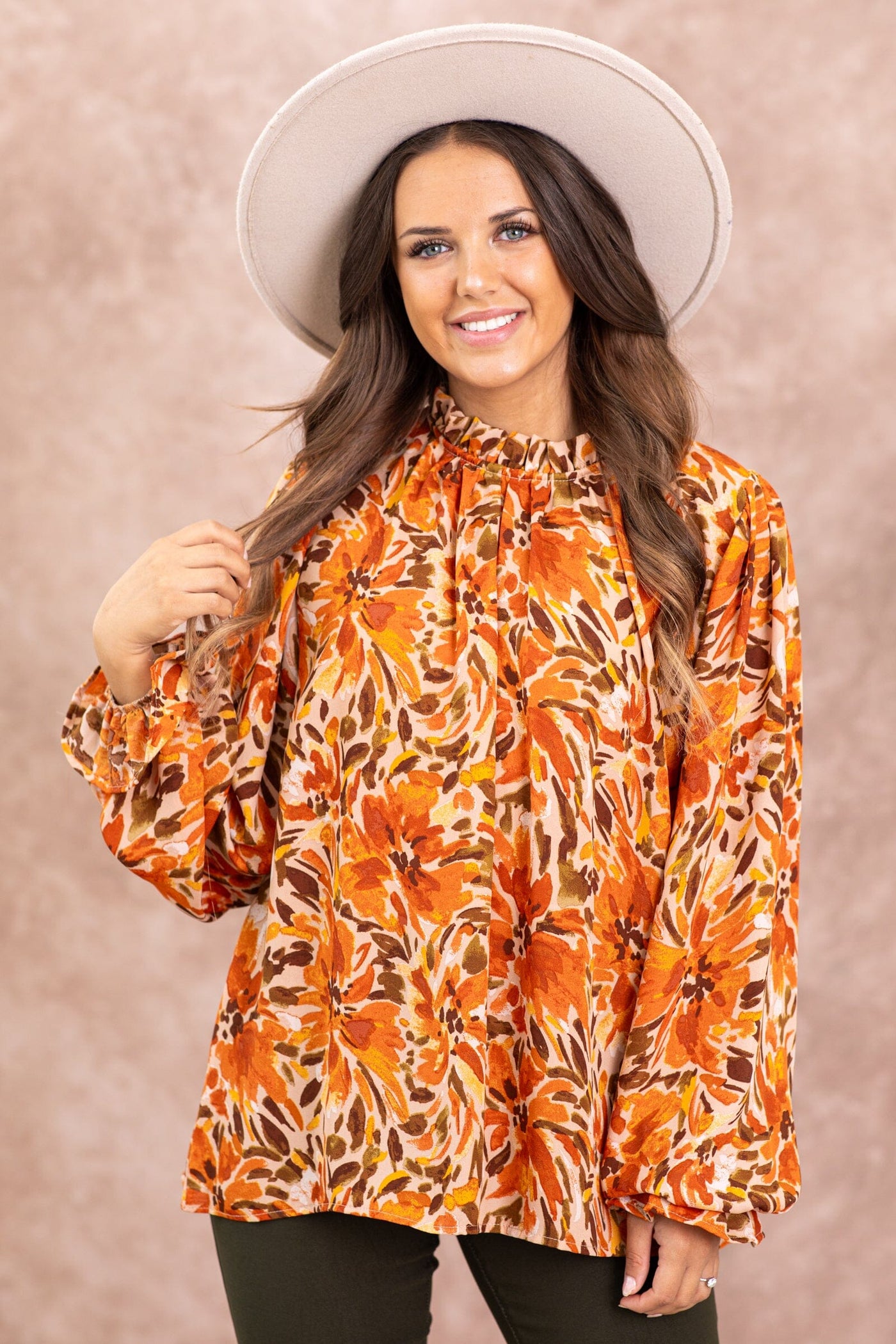 Orange and Tan Floral Print Smocked Cuff Top - Filly Flair