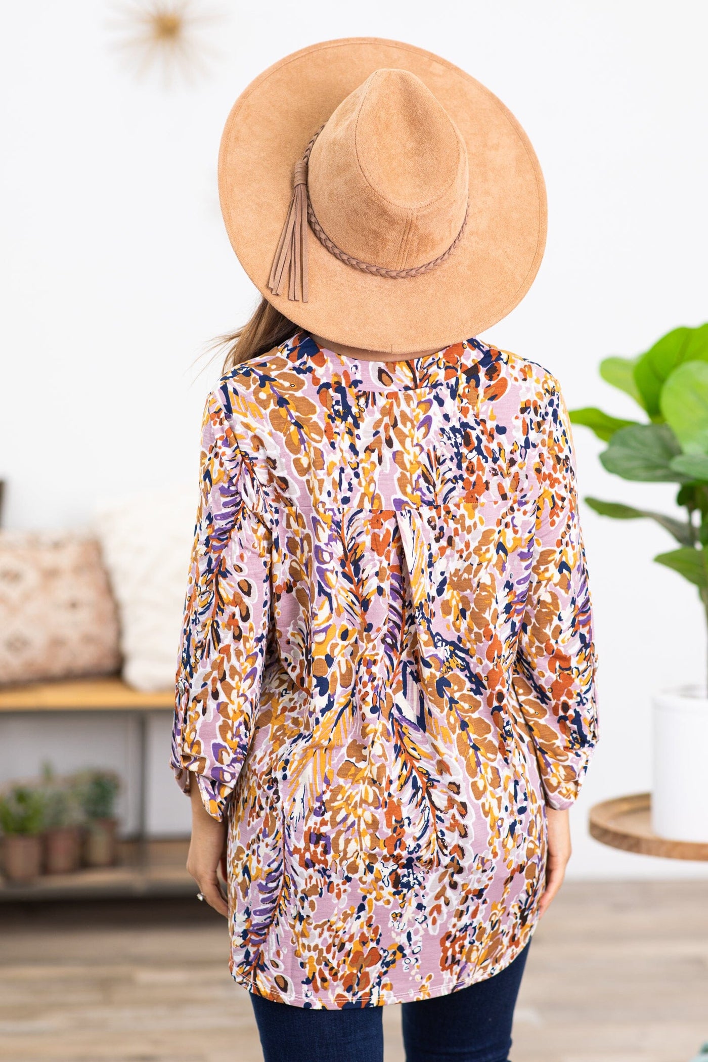 Mauve and Mustard Leaf Print Top - Filly Flair
