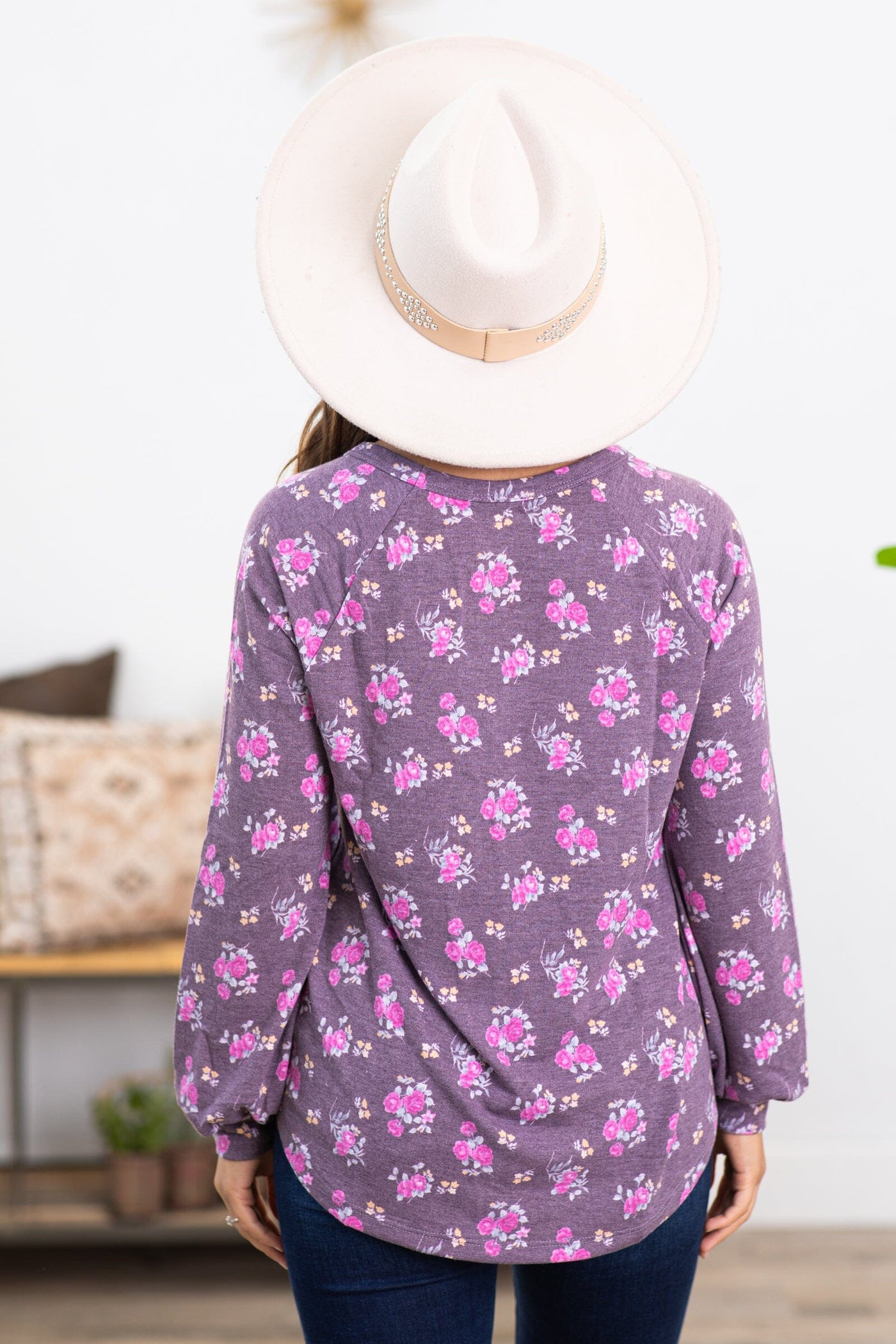 Light Eggplant and Pink Floral Print Top - Filly Flair