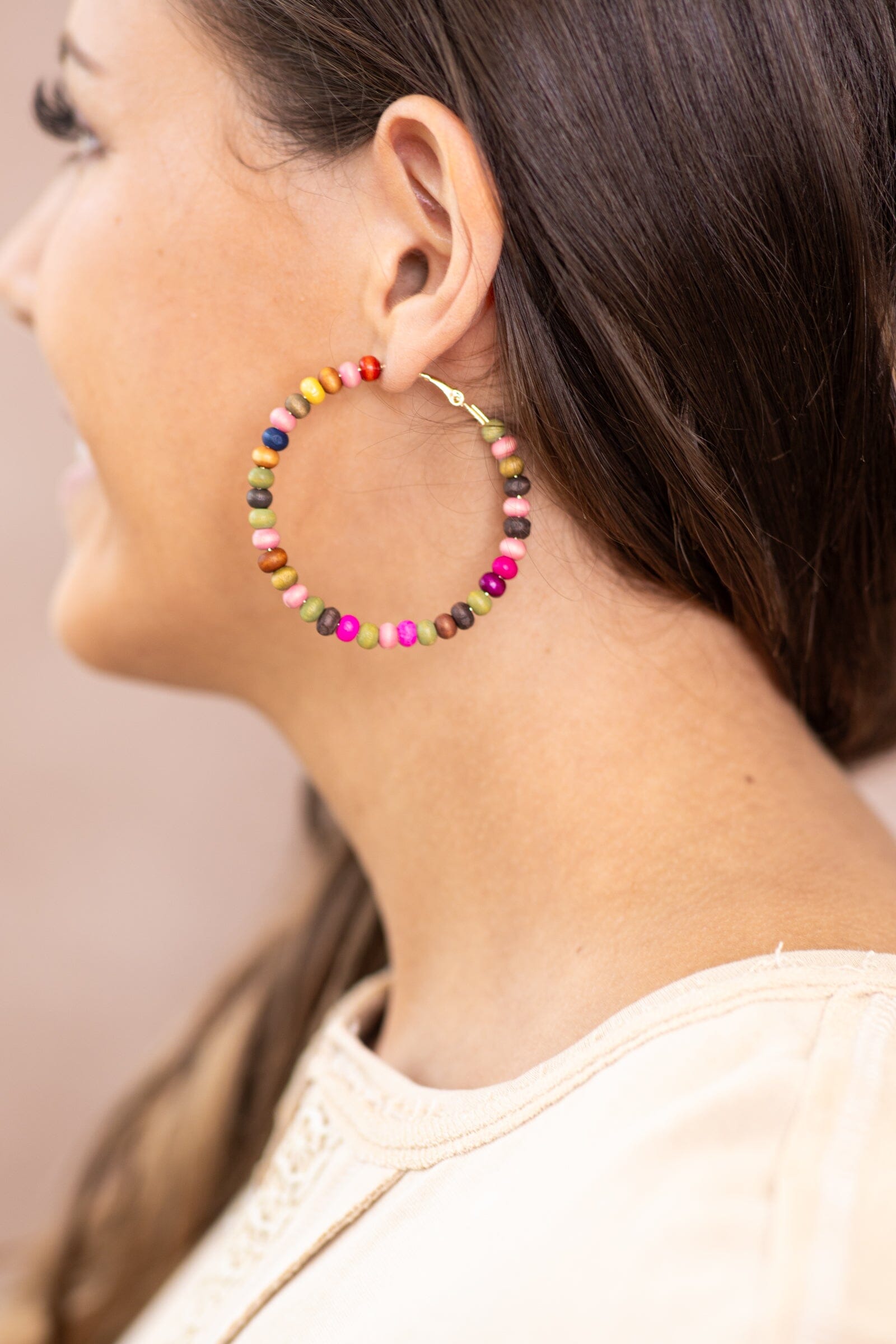 Pink Multicolor Wooden Bead Hoop Earrings - Filly Flair