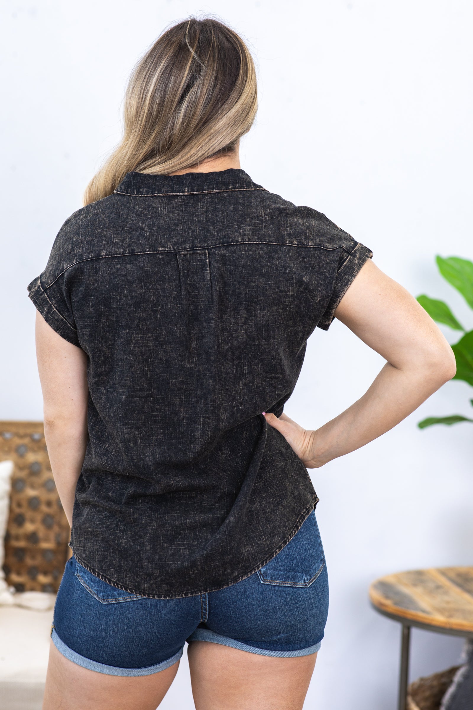 Black Washed Linen Button Down Woven Top