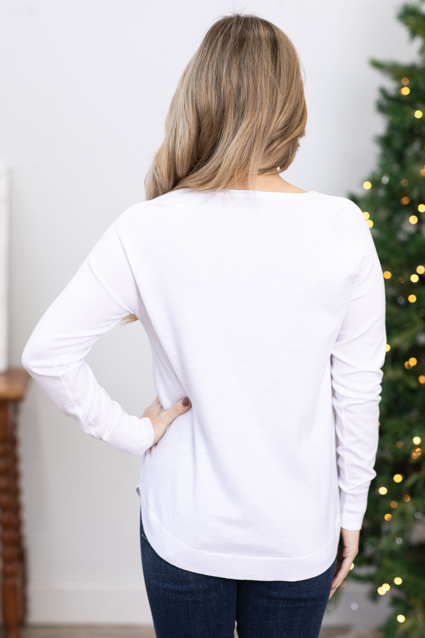White Raglan Sleeve Lightweight Sweater