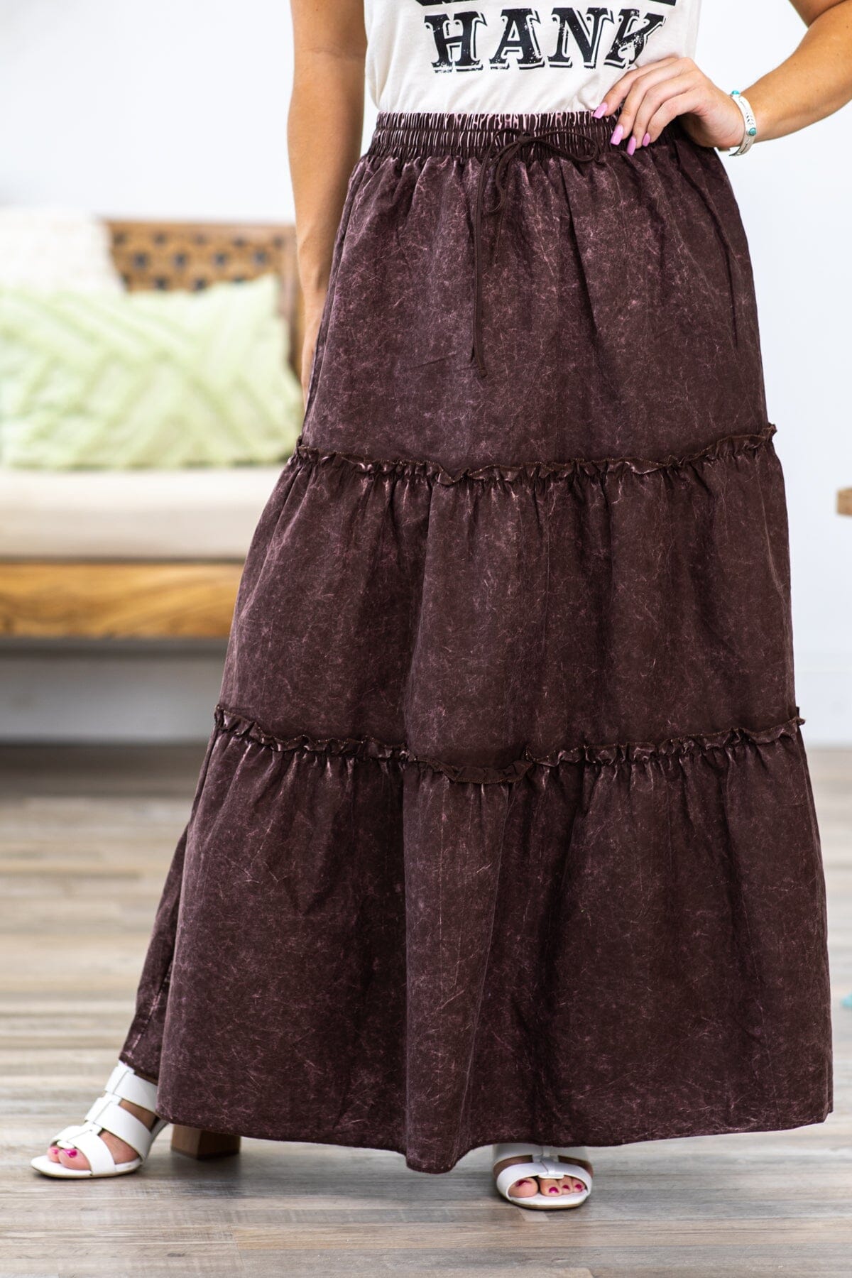 Brown Washed Elastic Waist Maxi Skirt - Filly Flair