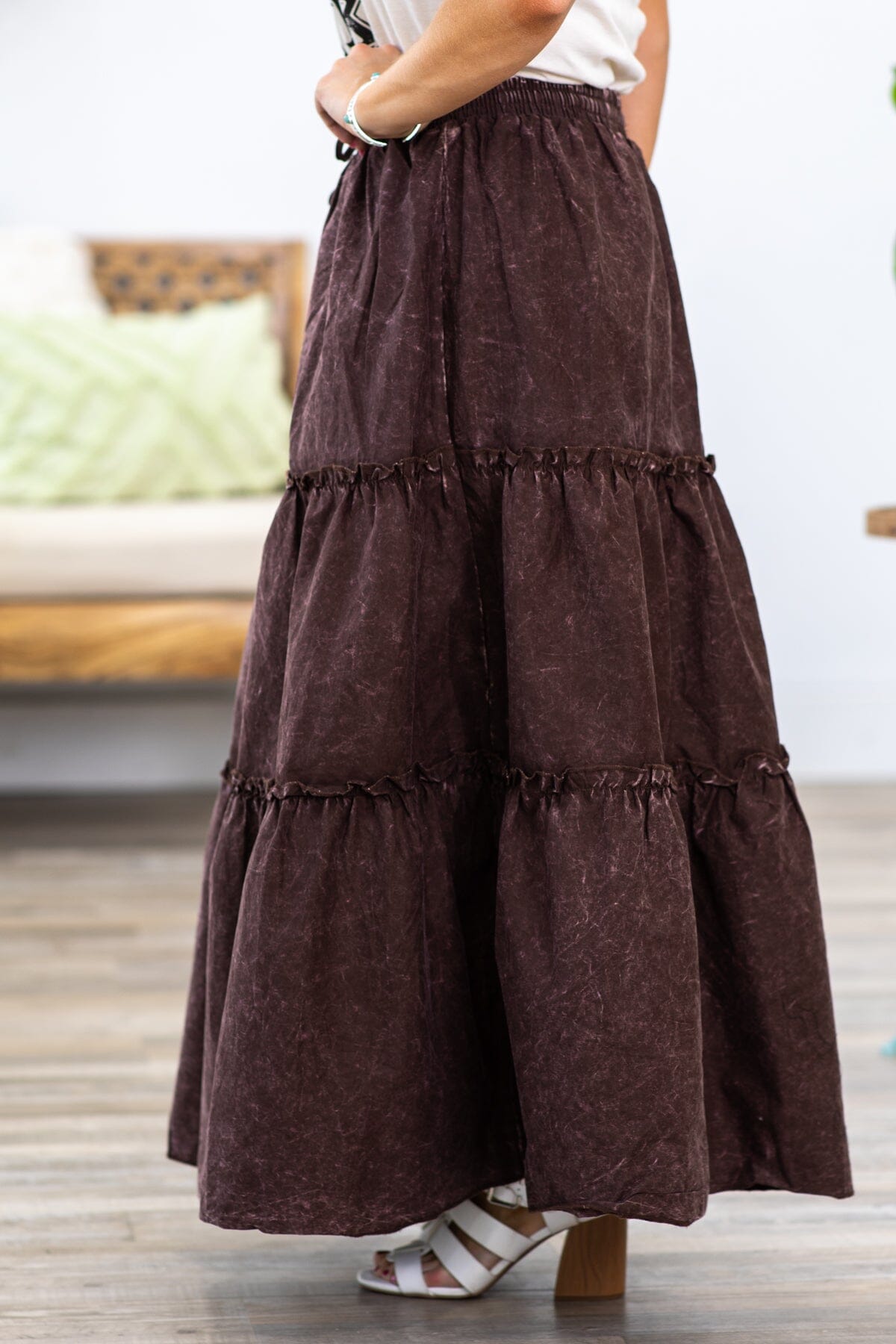 Brown Washed Elastic Waist Maxi Skirt - Filly Flair