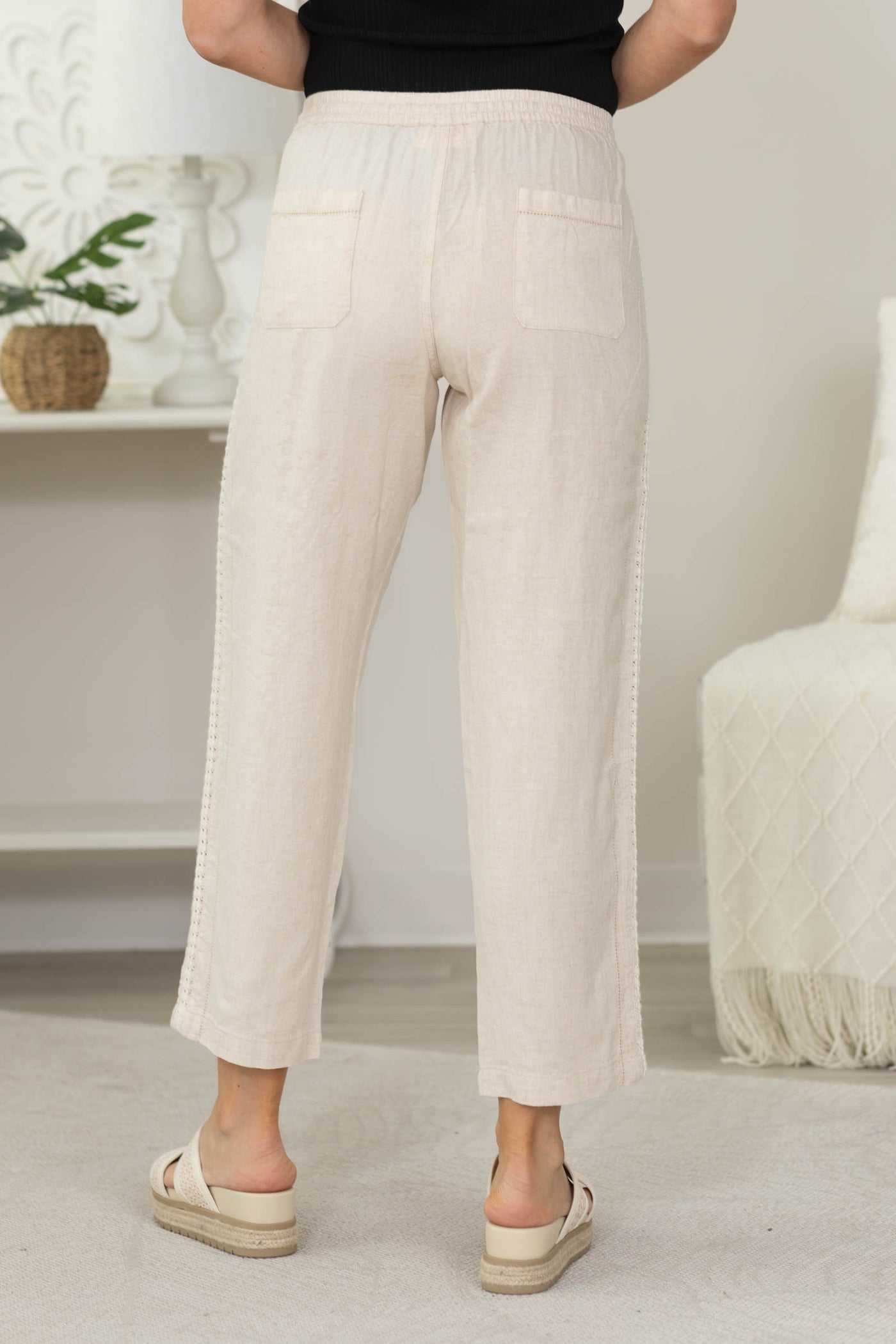 Crochet Lace Trim Tapered Linen Pants