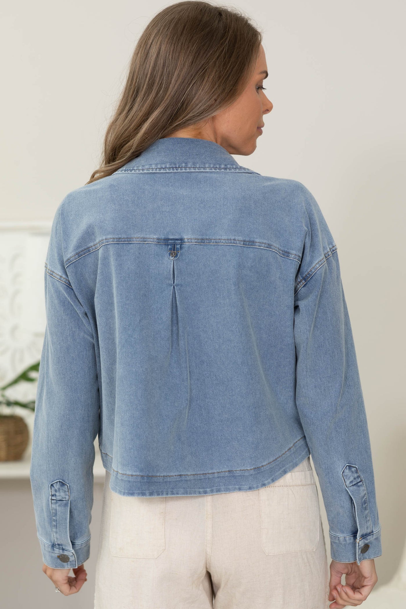Medium Wash Boxy Denim Jacket With Chest Pockets