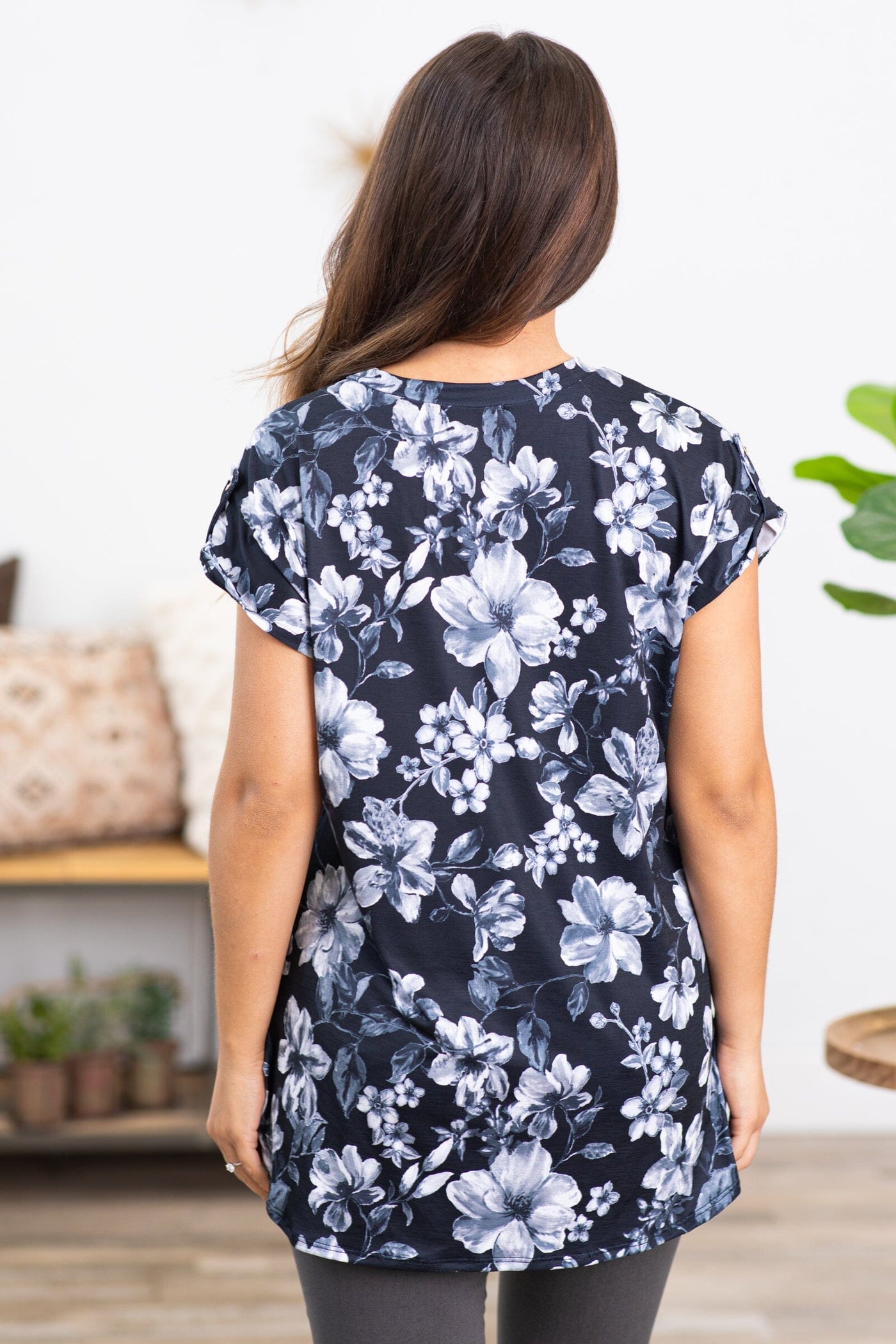 Black and Grey Floral Print V-Neck Top - Filly Flair