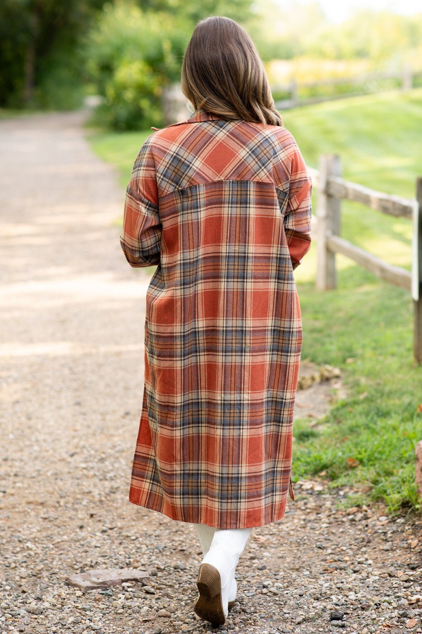 Burnt Orange and Tan Plaid Long Shacket - Filly Flair