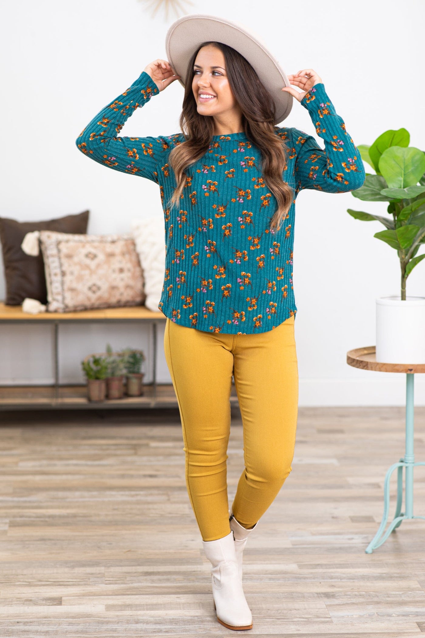 Teal and Mustard Floral Print Ribbed Top - Filly Flair