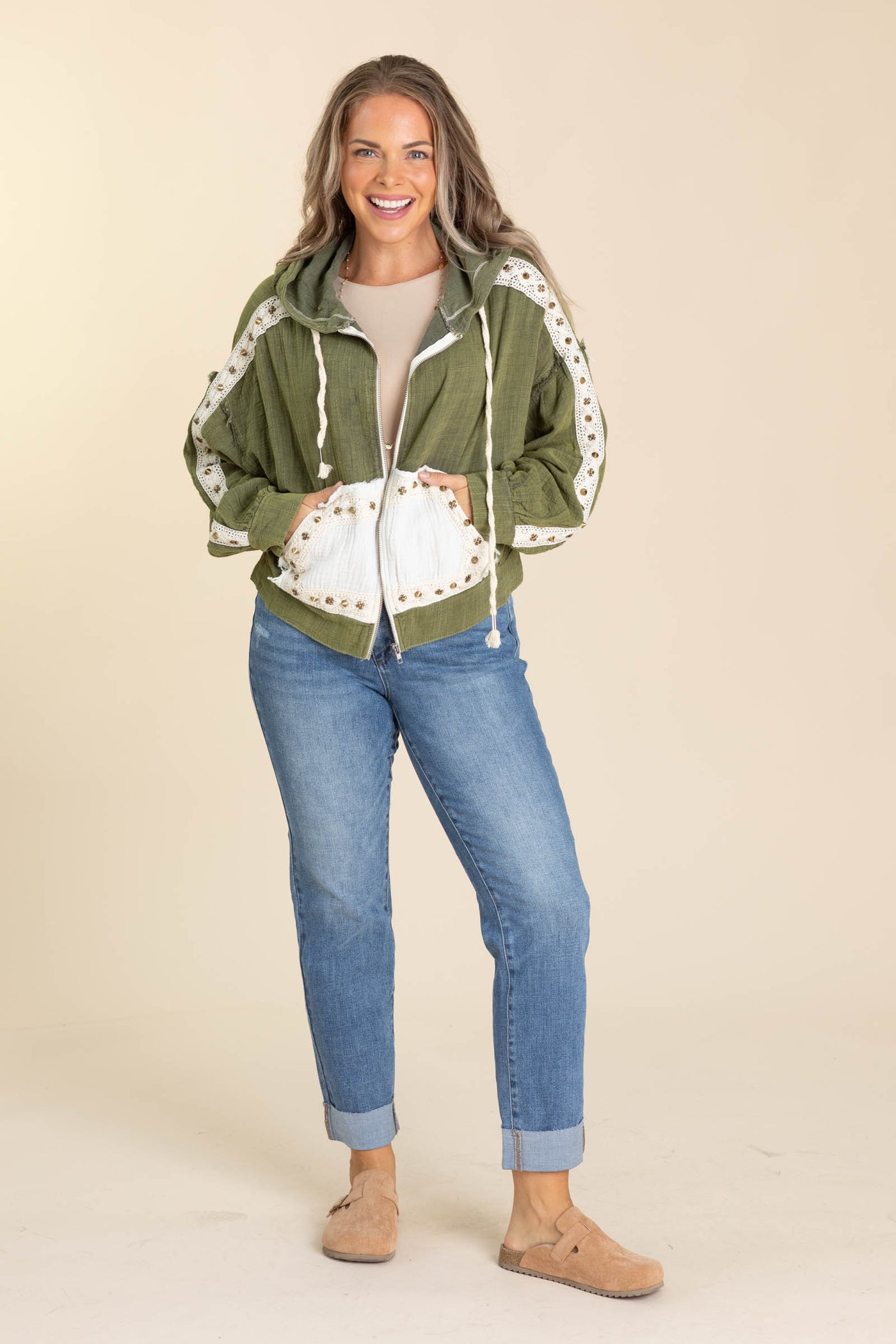 Olive With Ivory Zip Up Hoodie Jacket