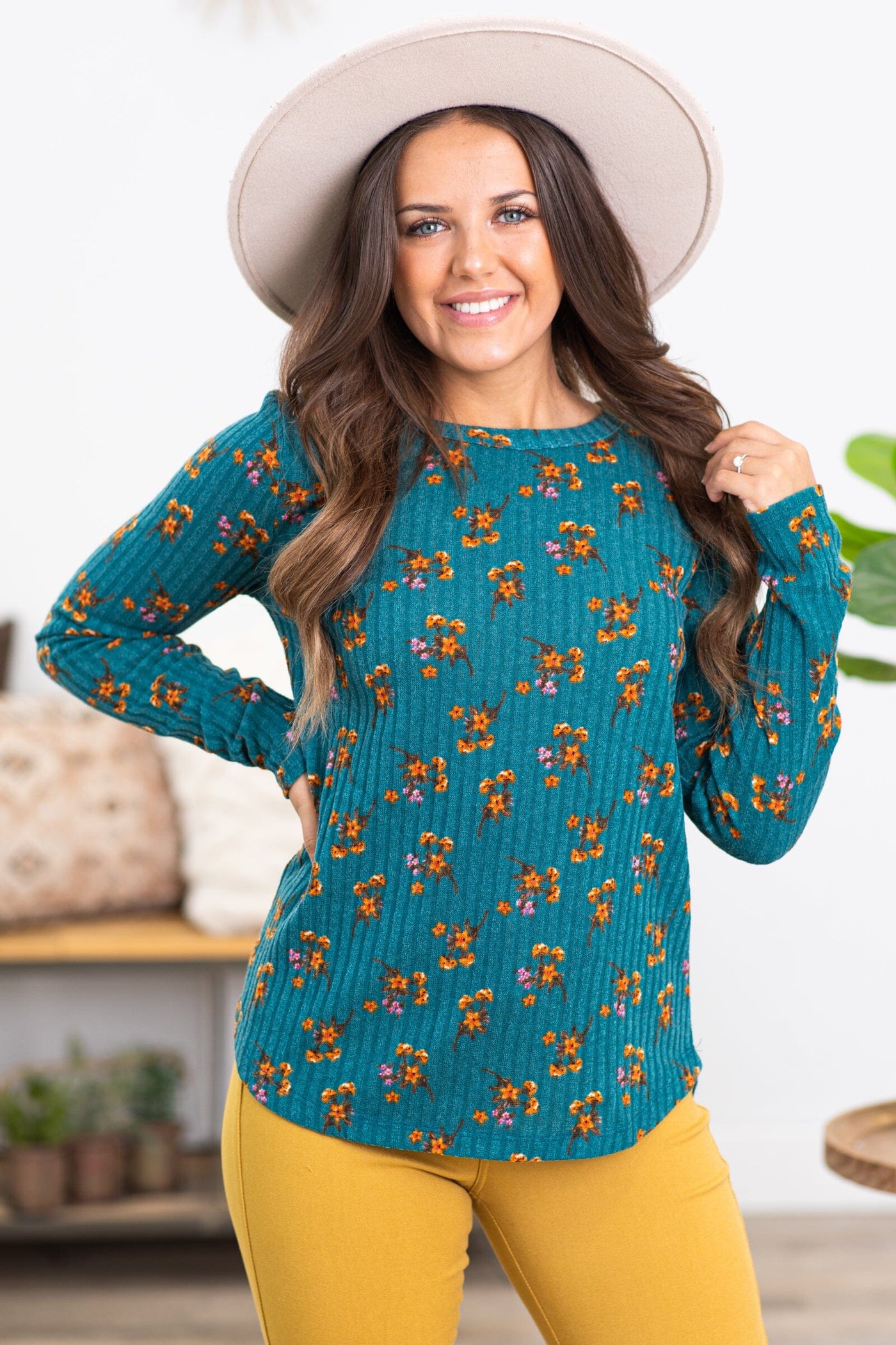 Teal and Mustard Floral Print Ribbed Top - Filly Flair
