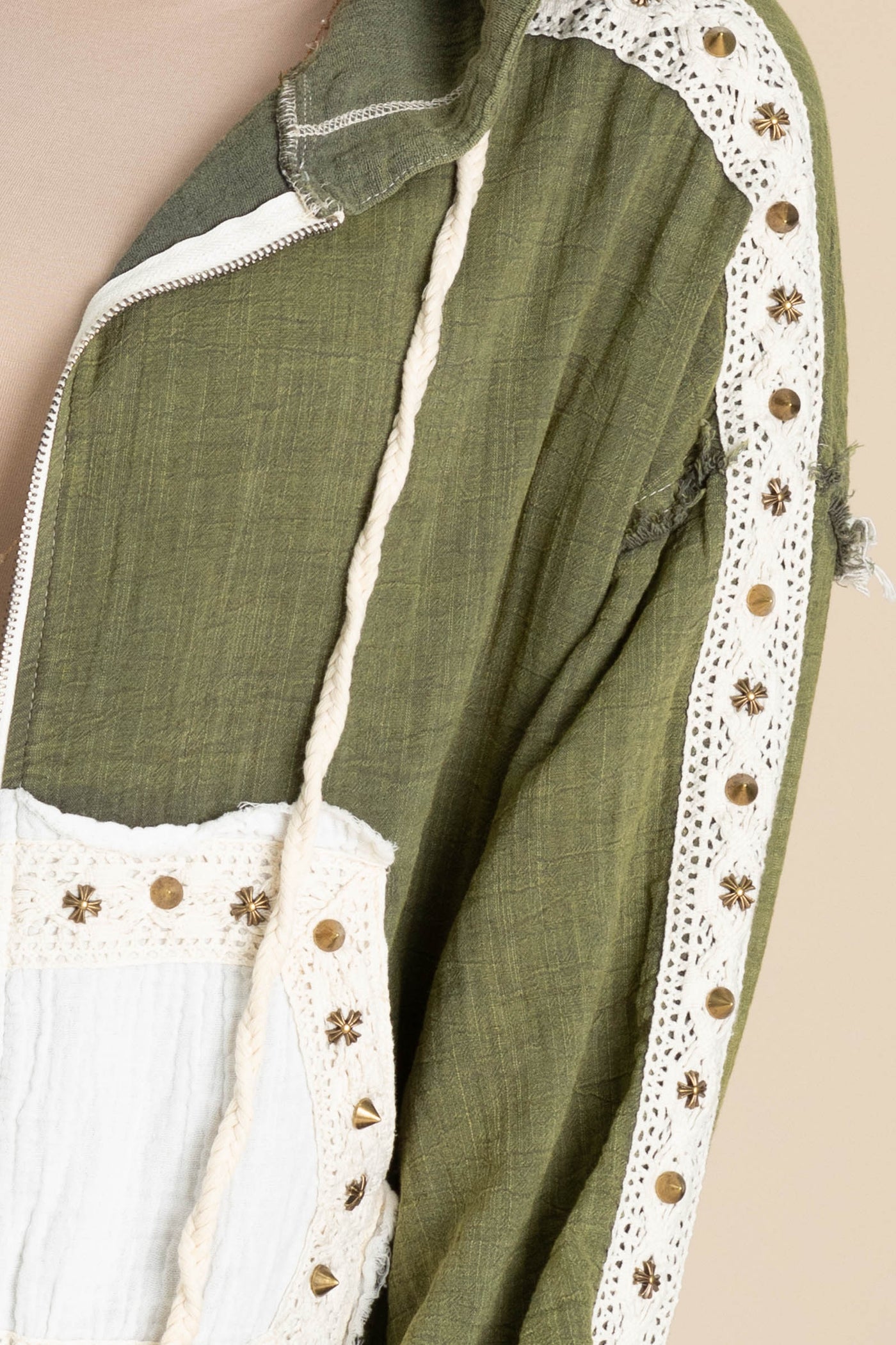 Olive With Ivory Zip Up Hoodie Jacket