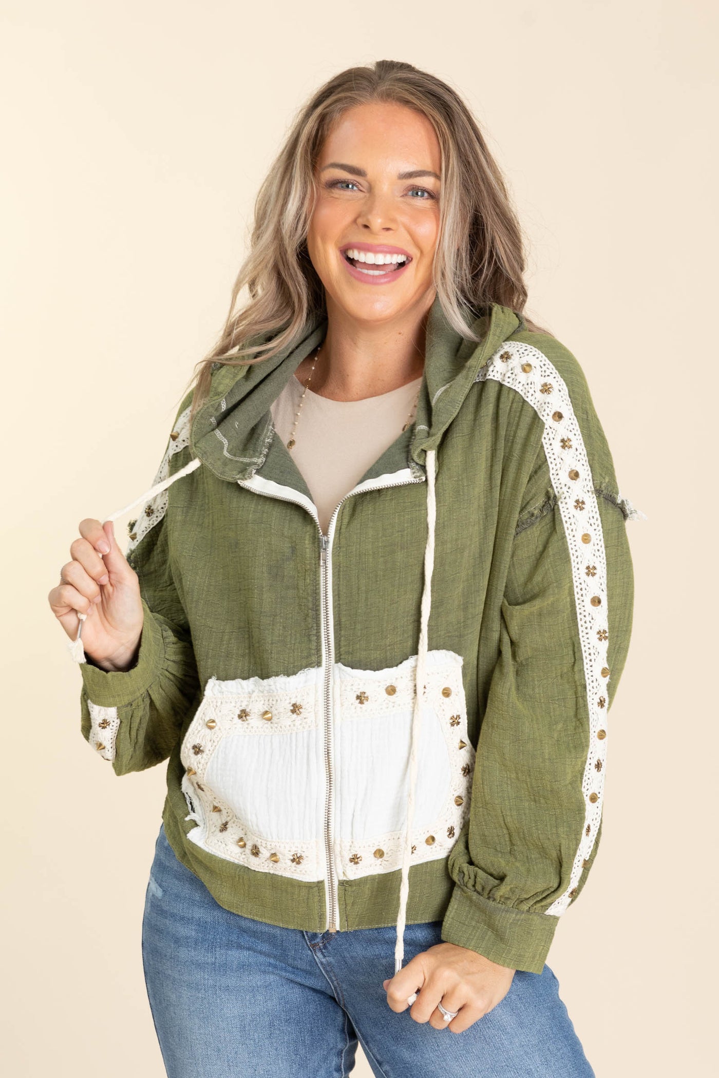 Olive With Ivory Zip Up Hoodie Jacket