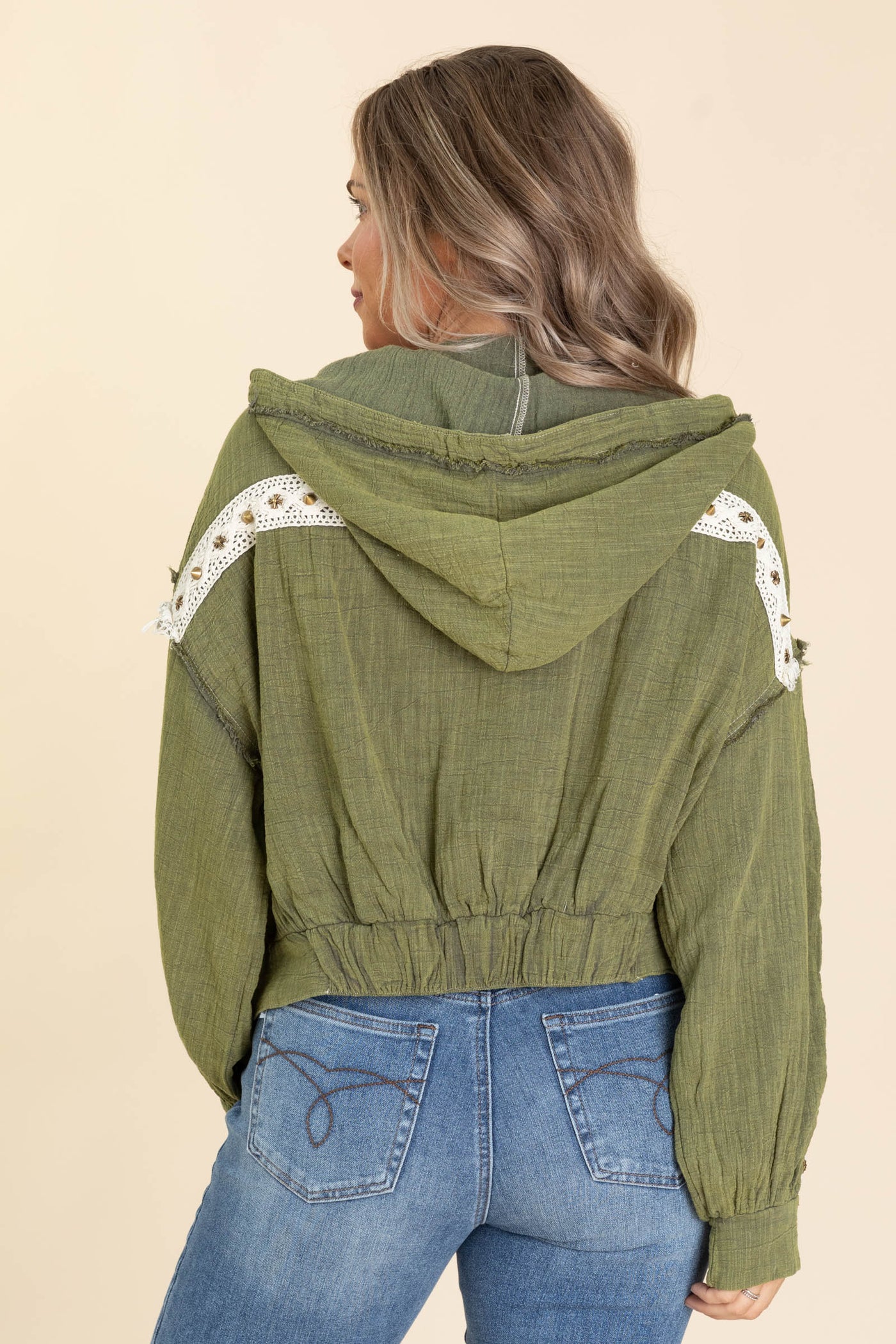 Olive With Ivory Zip Up Hoodie Jacket