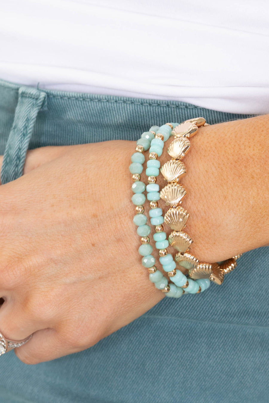 Set of Three Beaded Stretch Bracelets With Seashells