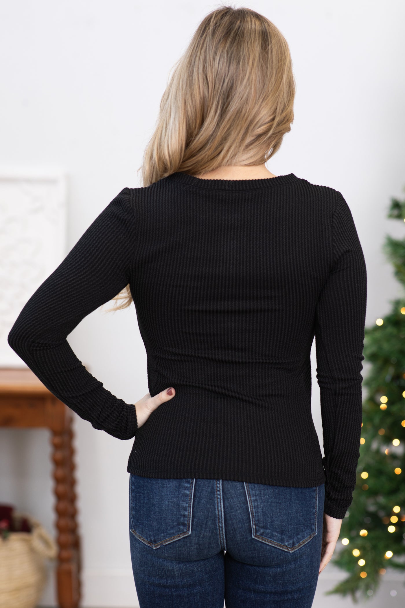 Black Ribbed Henley Top