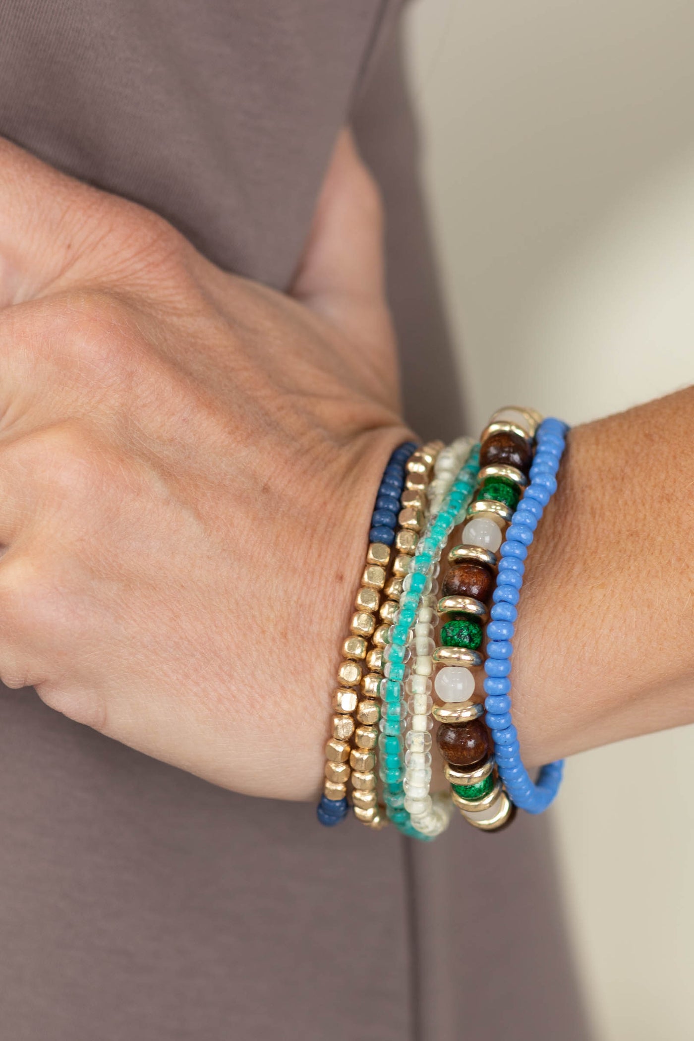 Cream Blue And Green Stretch Bracelet Set