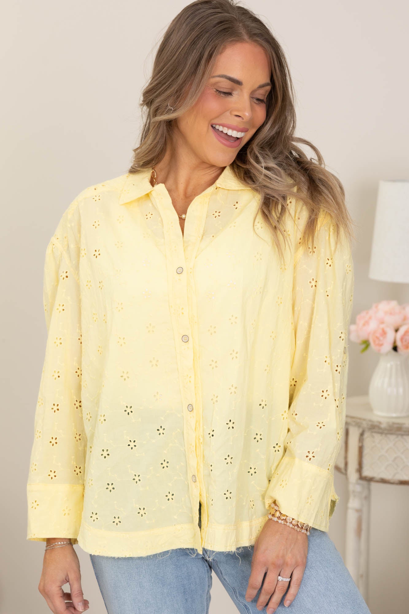 Washed Eyelet Button Up Tops
