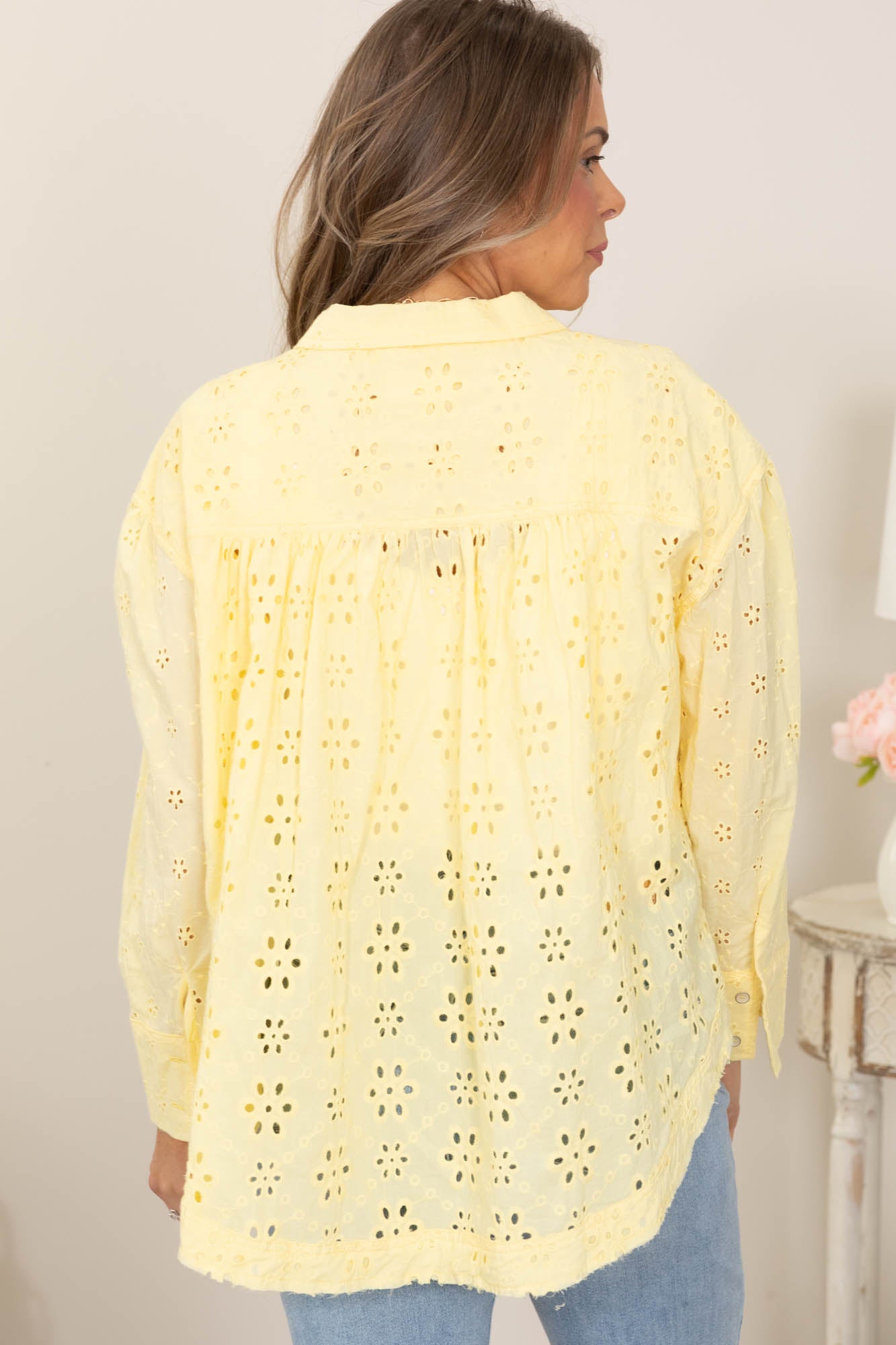 Washed Eyelet Button Up Tops