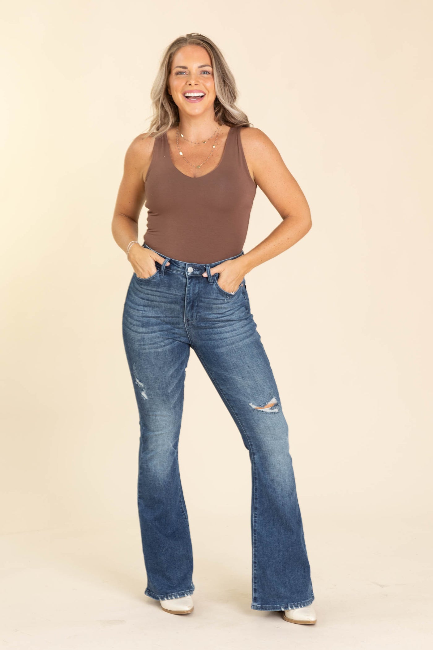 Judy Blue Dark Contrast Distress Flare Jeans