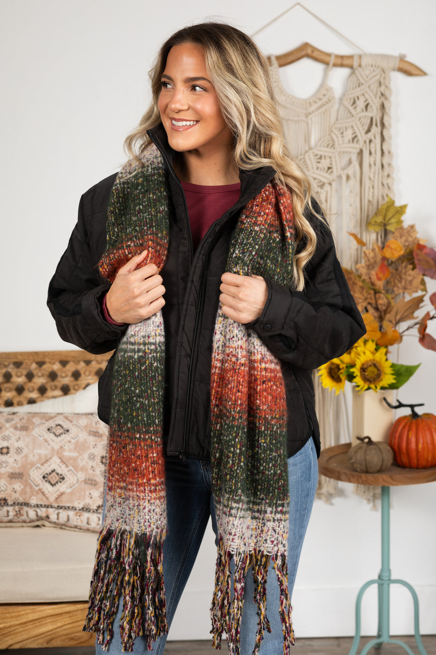 Olive and Rust Ombre Long Blanket Scarf