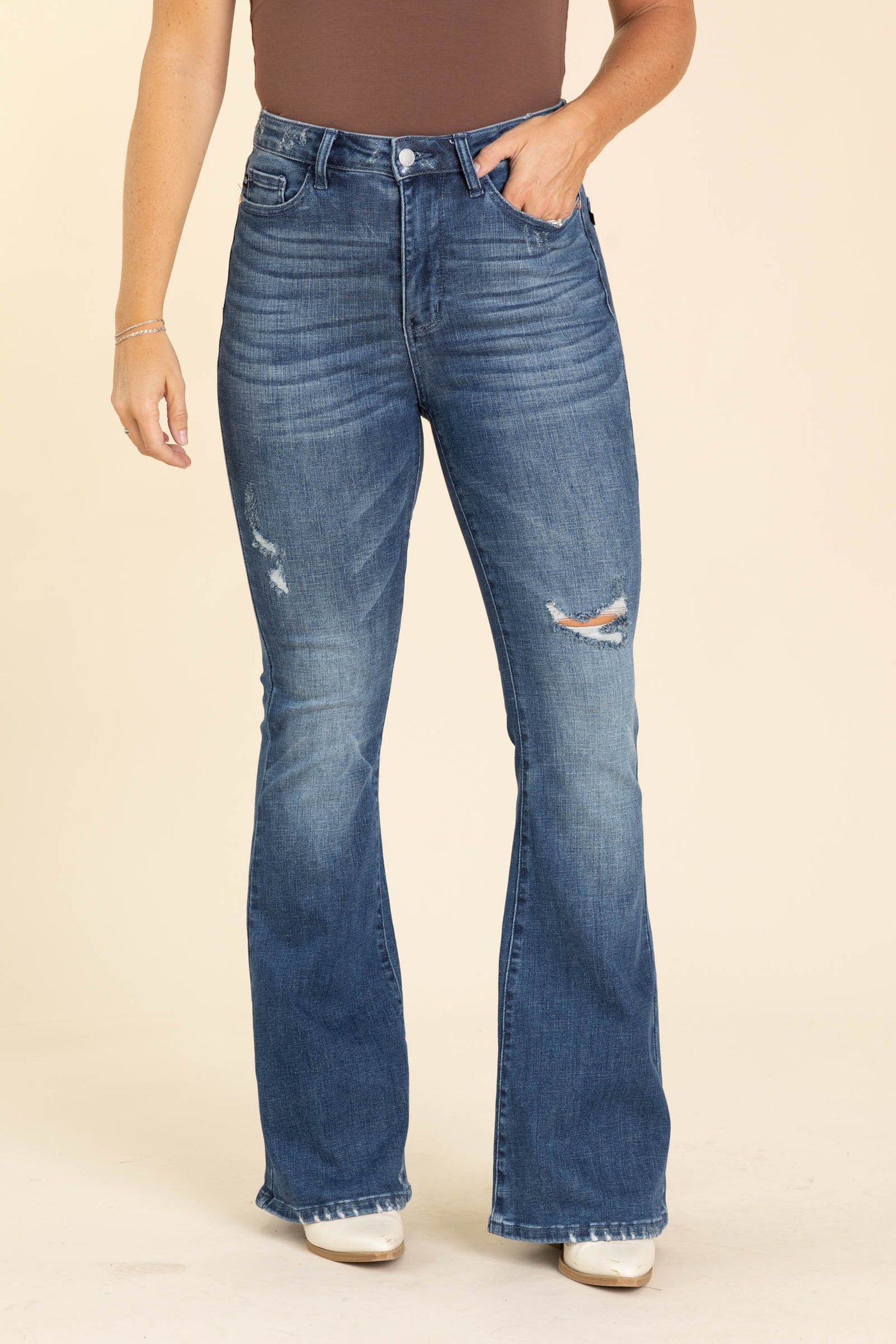 Judy Blue Dark Contrast Distress Flare Jeans