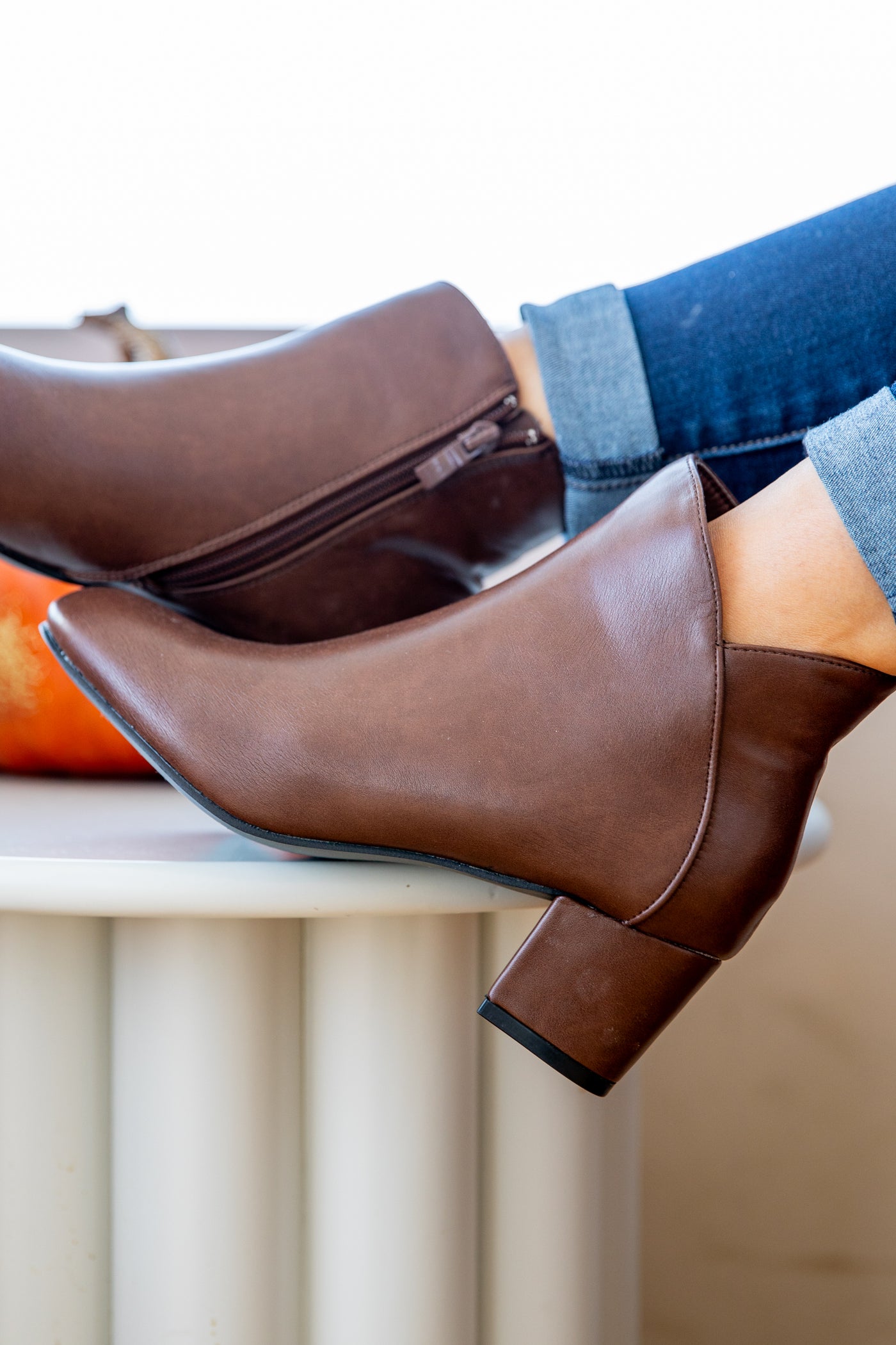 Brown Faux Leather Booties With Ankle Detail