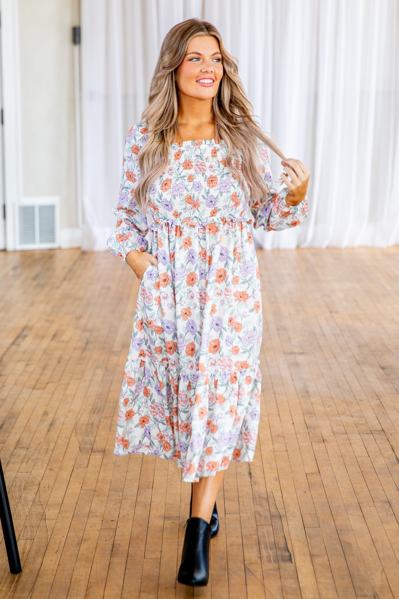 Off White Smocked Bodice Floral Midi Dress Filly Flair Off White Smocked Bodice Floral Midi Dress Filly Flair
