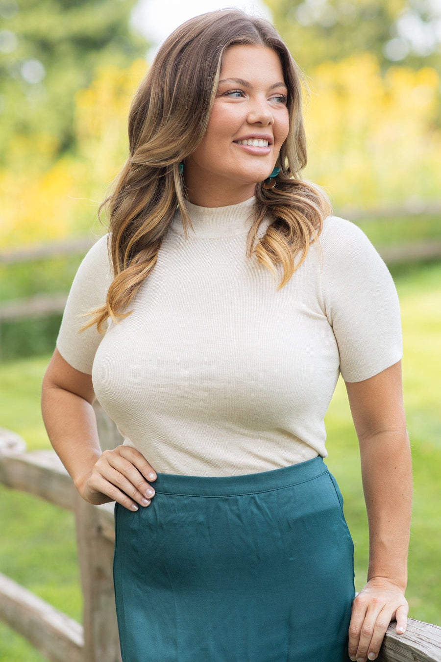 Beige Ribbed Mock Neck Fitted Top - Filly Flair