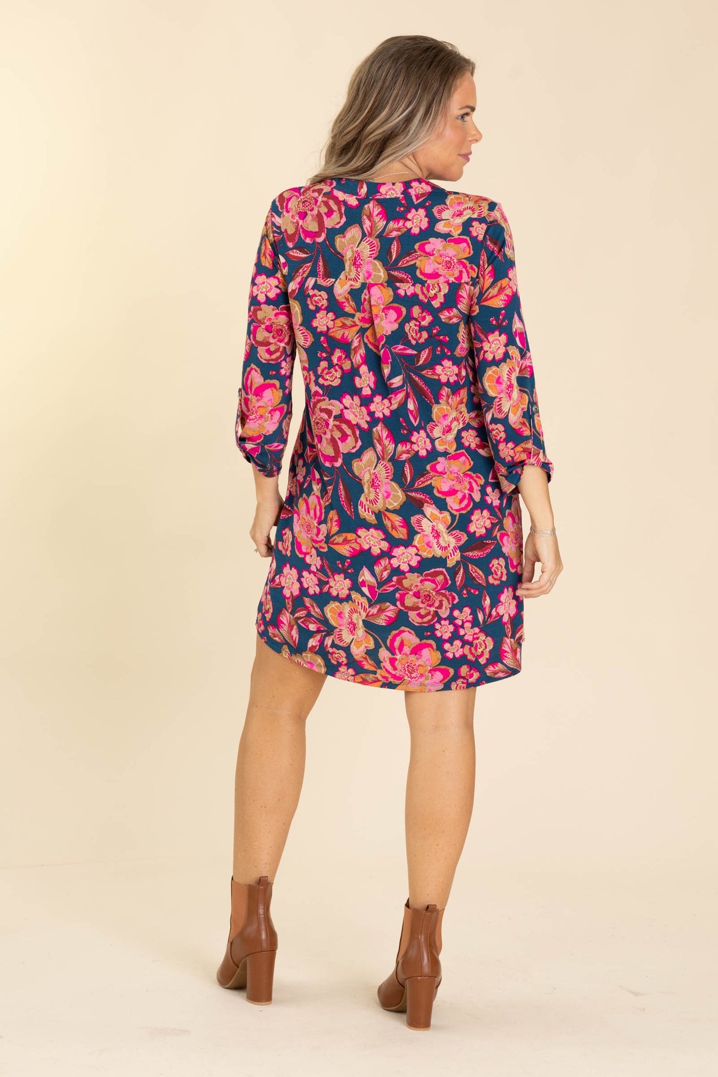 Navy and Pink Floral Wrinkle Free Dress