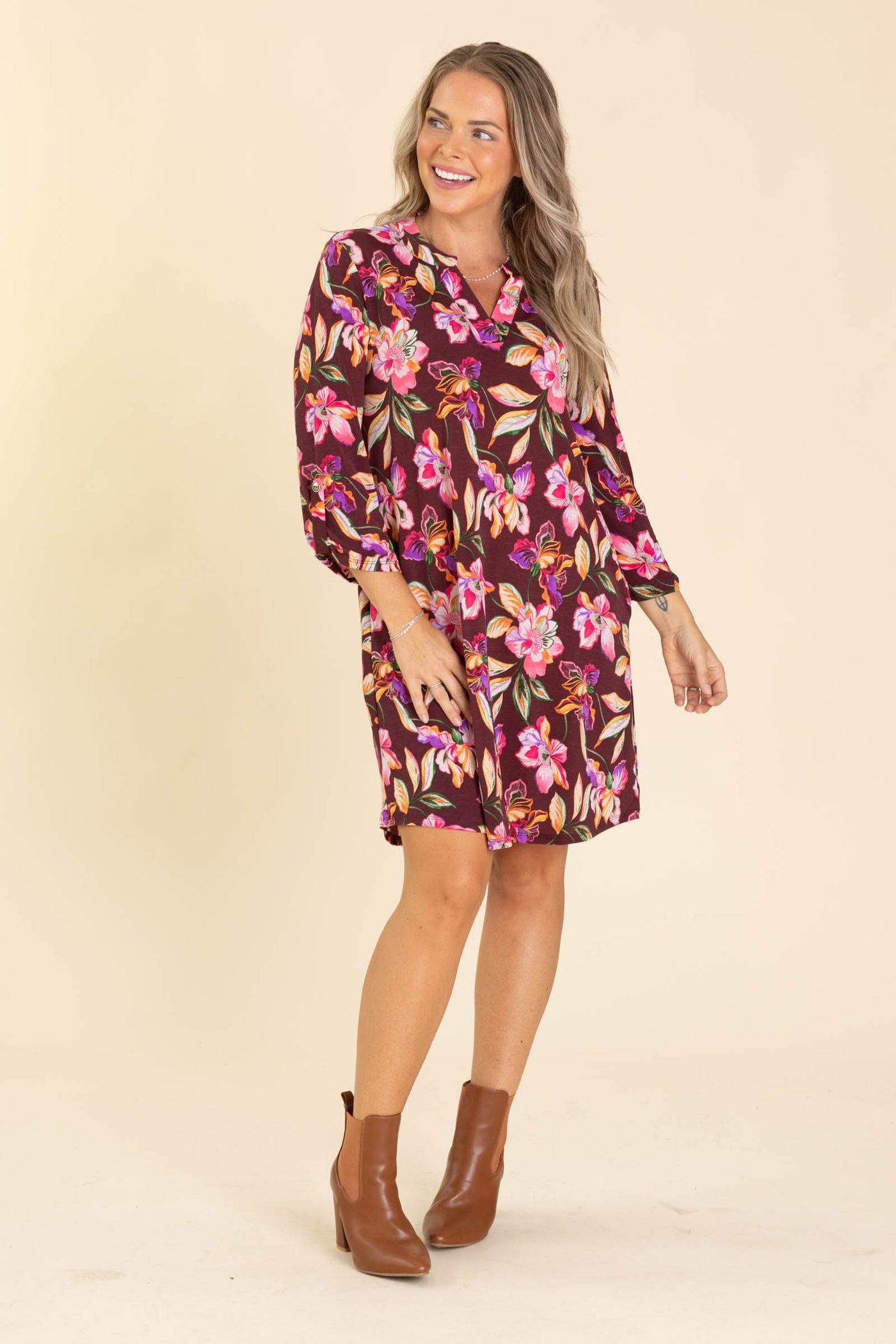 Purple Floral Printed Wrinkle Free Dress