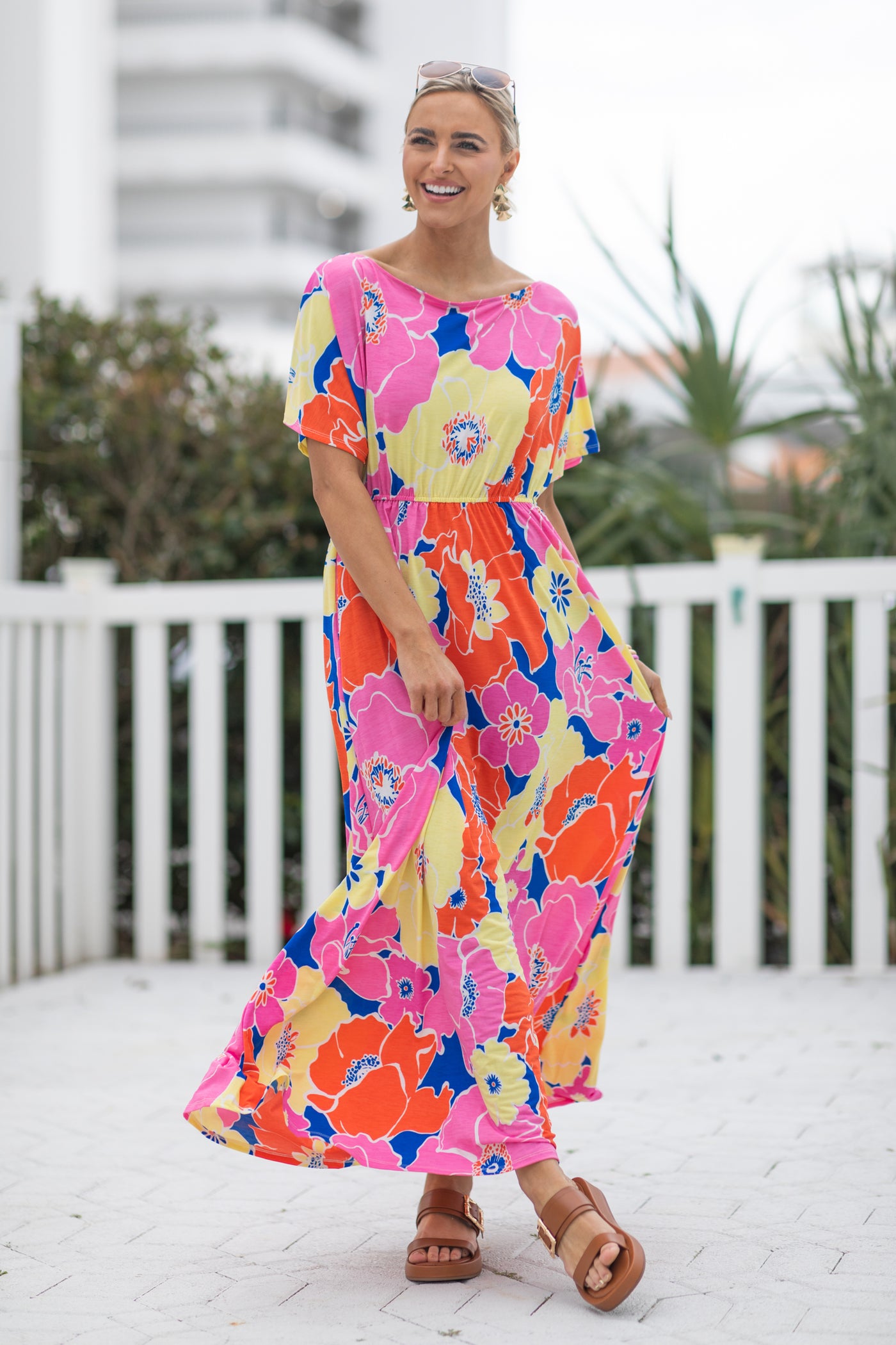 boat neckline maxi dress Pink Flower Print Boat Neck Maxi Dress