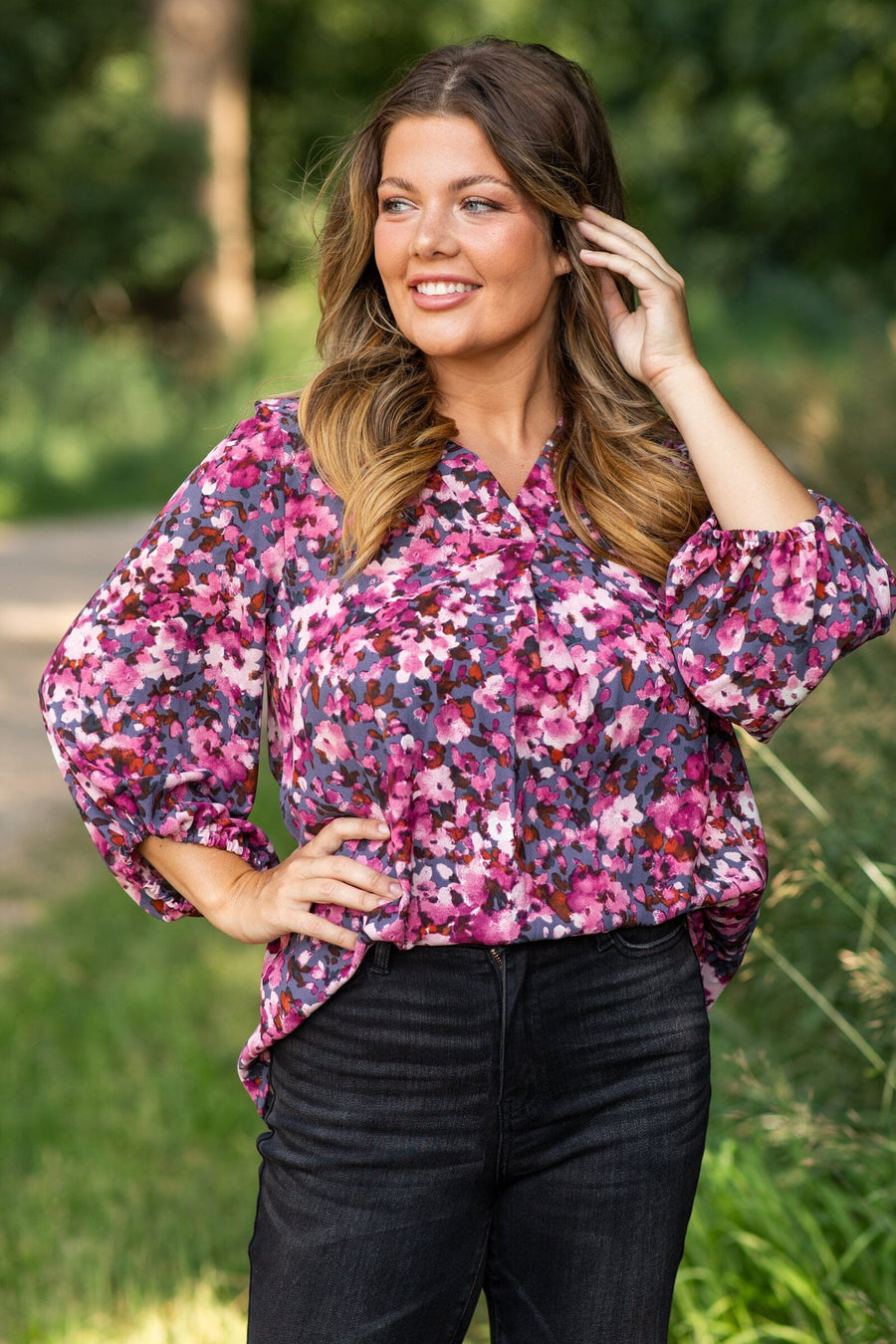 Berry Multicolor Floral Print Notch Neck Top - Filly Flair