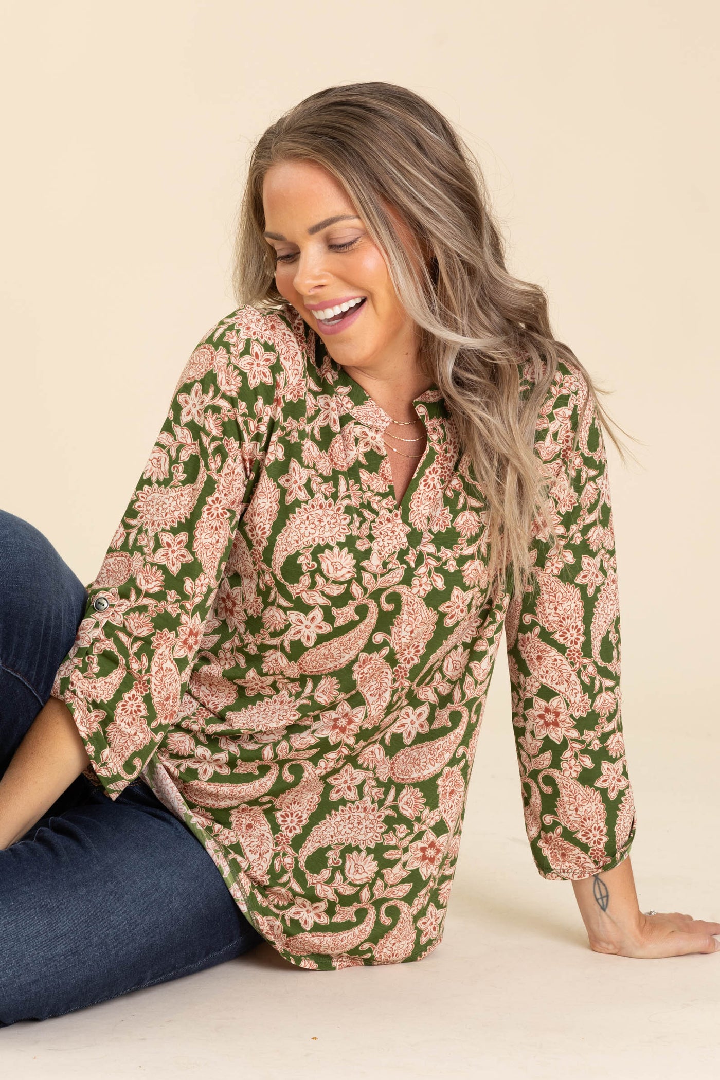 Tan And Olive Print Lizzy Wrinkle Free Top