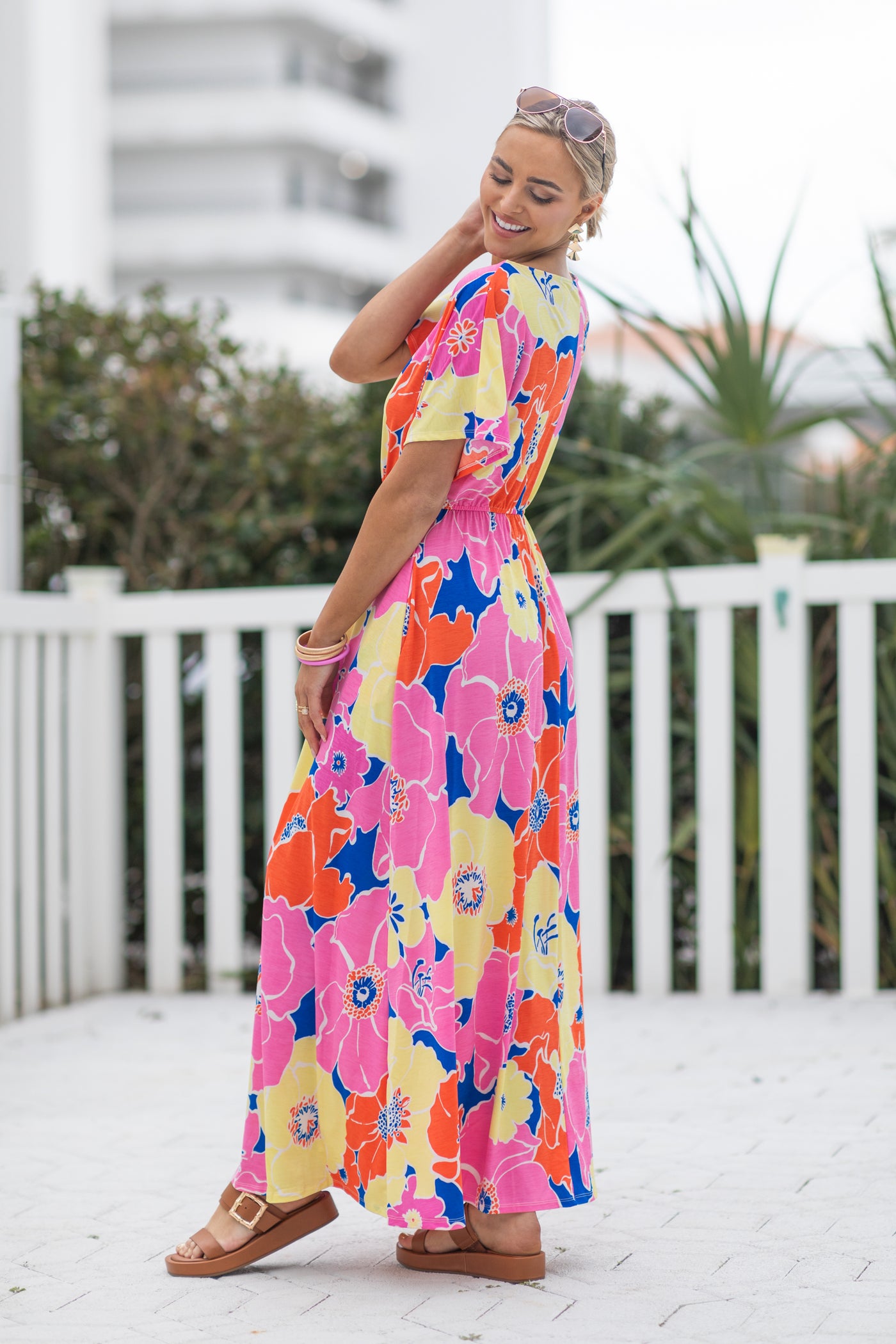 Pink Flower Print Boat Neck Maxi Dress Pink Flower Print Boat Neck Maxi Dress