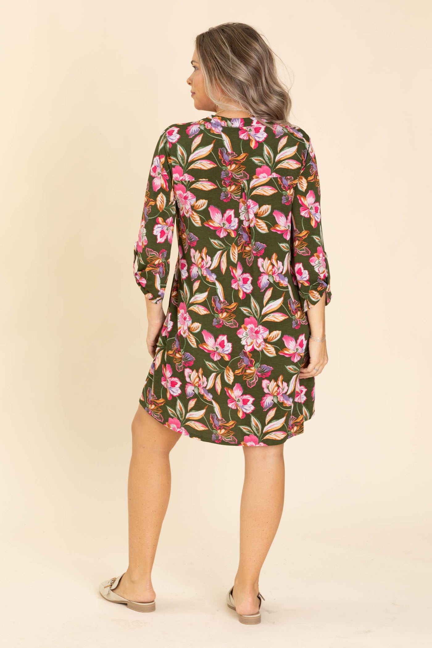 Olive Floral Printed Wrinkle Free Dress