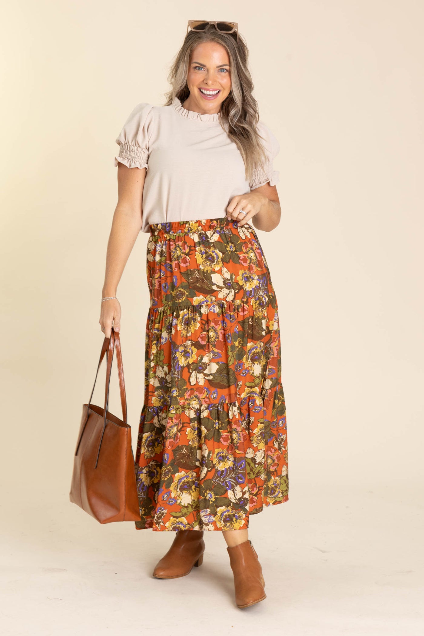 Rust Floral Printed Tiered Layered Skirt
