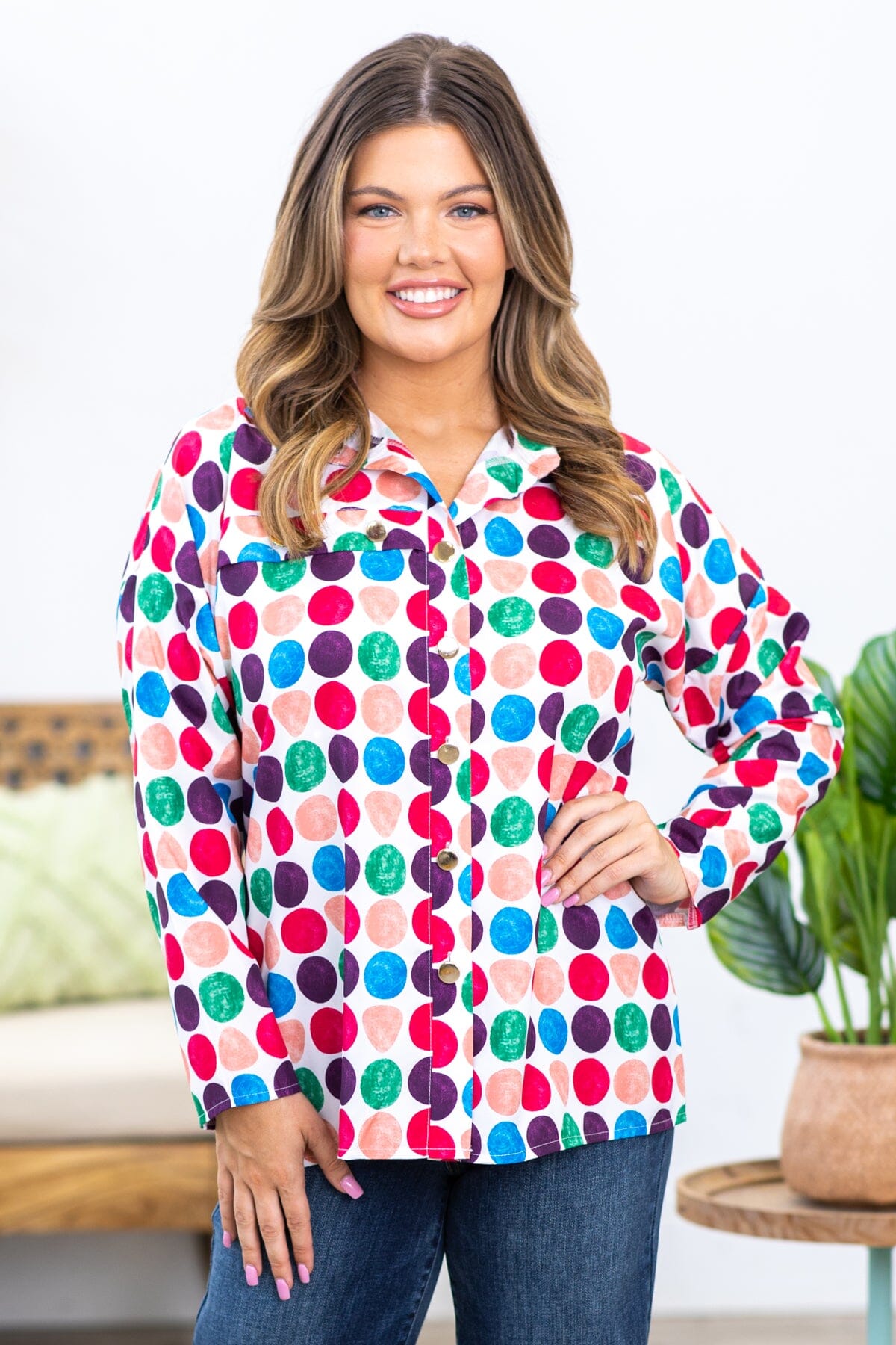 White Multicolor Polka Dot Roll Sleeve Top - Filly Flair