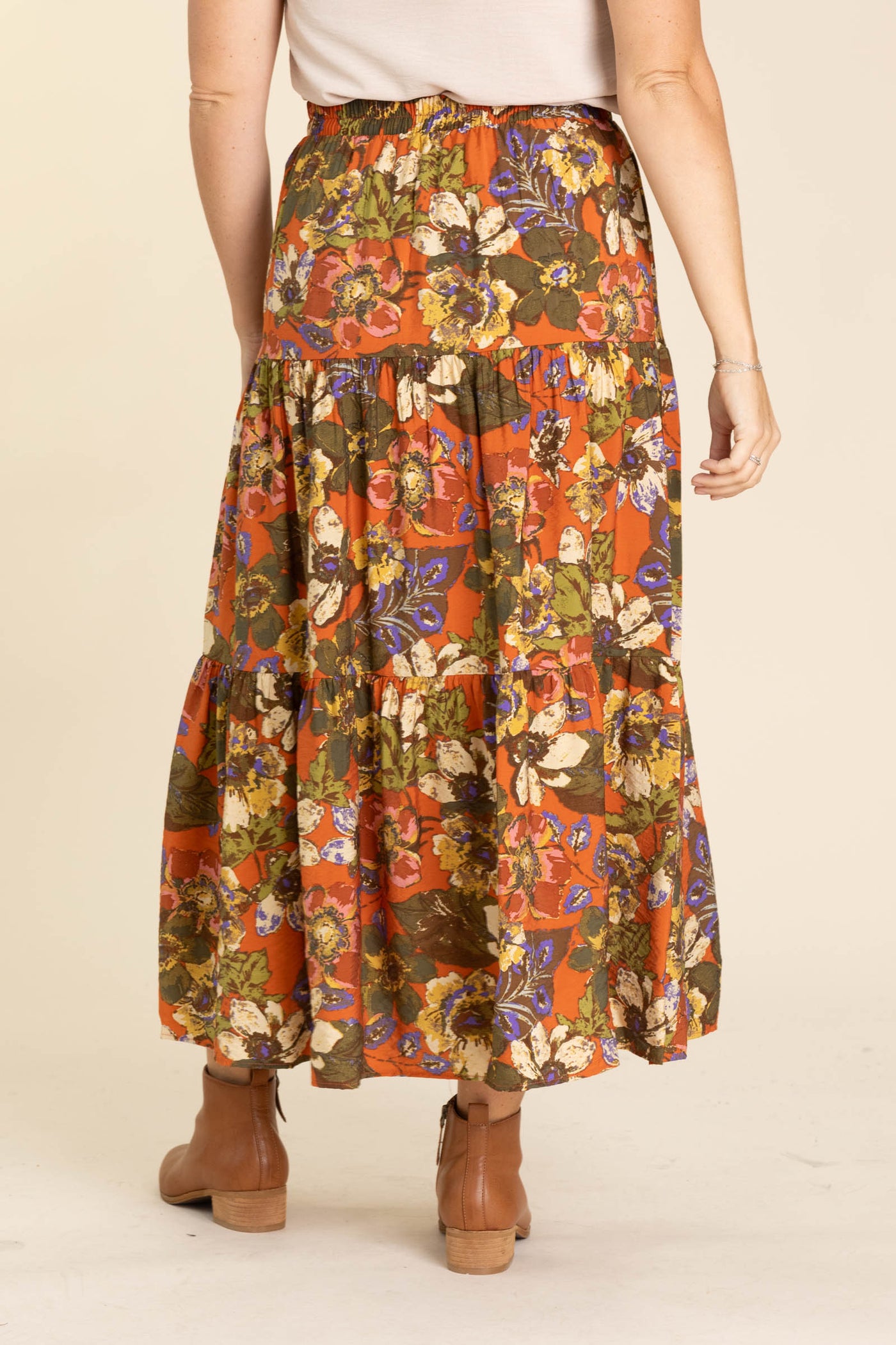 Rust Floral Printed Tiered Layered Skirt