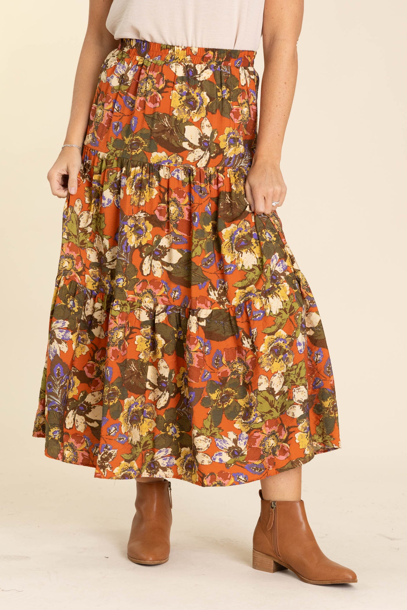 Rust Floral Printed Tiered Layered Skirt