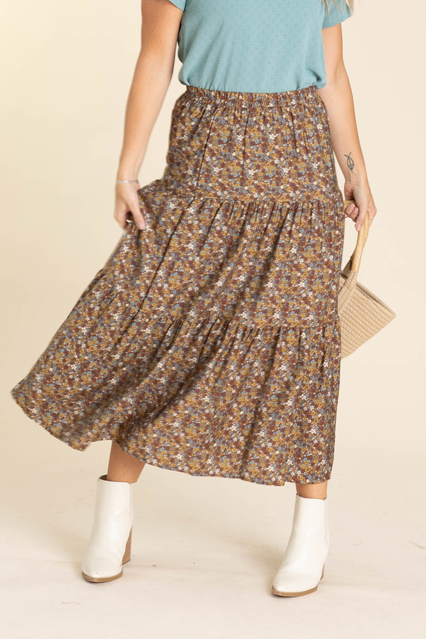 Brown Floral Tiered Maxi Skirt