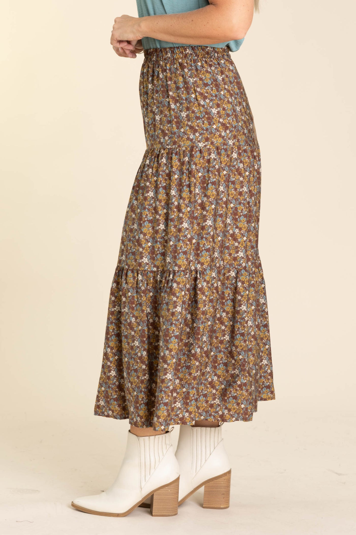 Brown Floral Tiered Maxi Skirt